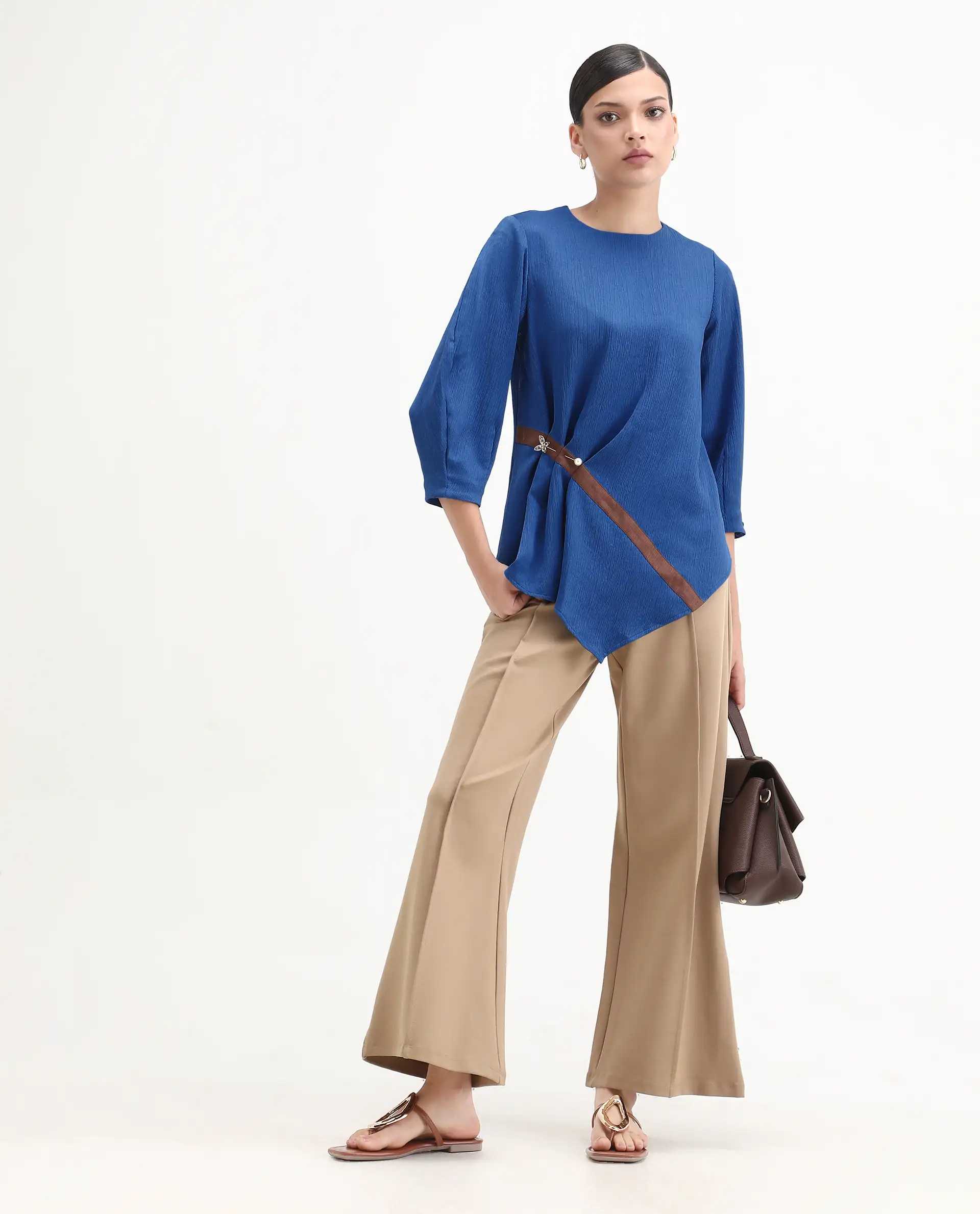 Rareism Women's Yan Blue Polyester Crew Neck Plain Volume Sleeve Regular Fit Top - Image 2