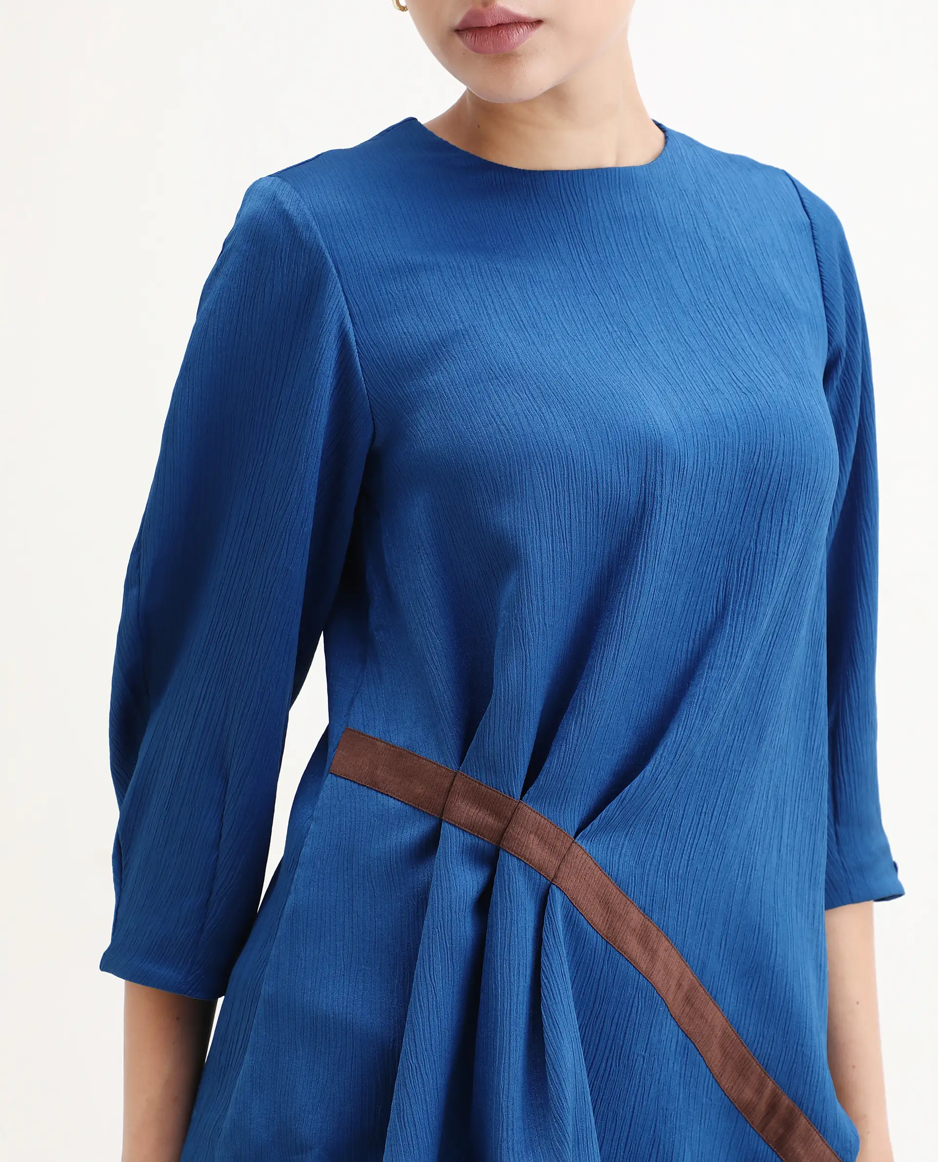 Rareism Women's Yan Blue Polyester Crew Neck Plain Volume Sleeve Regular Fit Top - Image 3