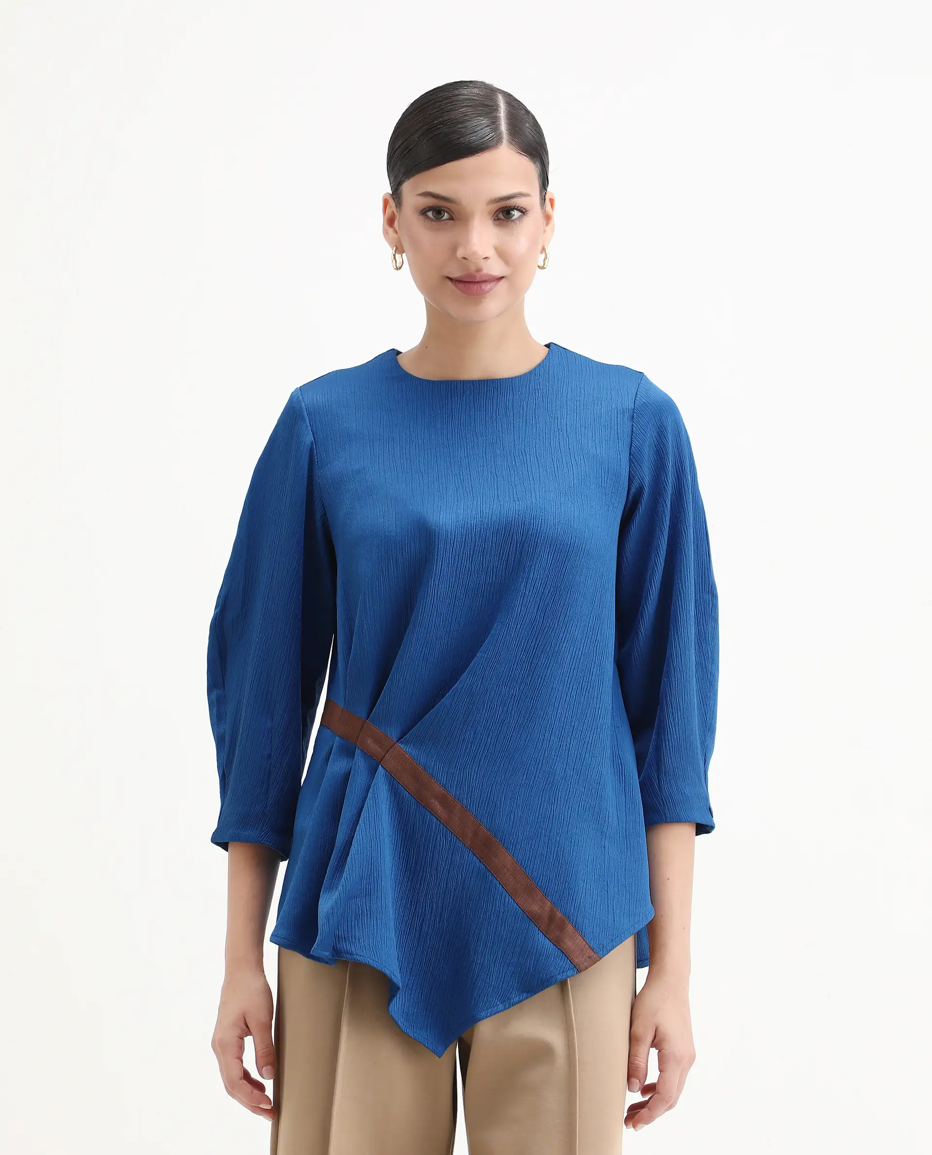 Rareism Women's Yan Blue Polyester Crew Neck Plain Volume Sleeve Regular Fit Top - Image 4