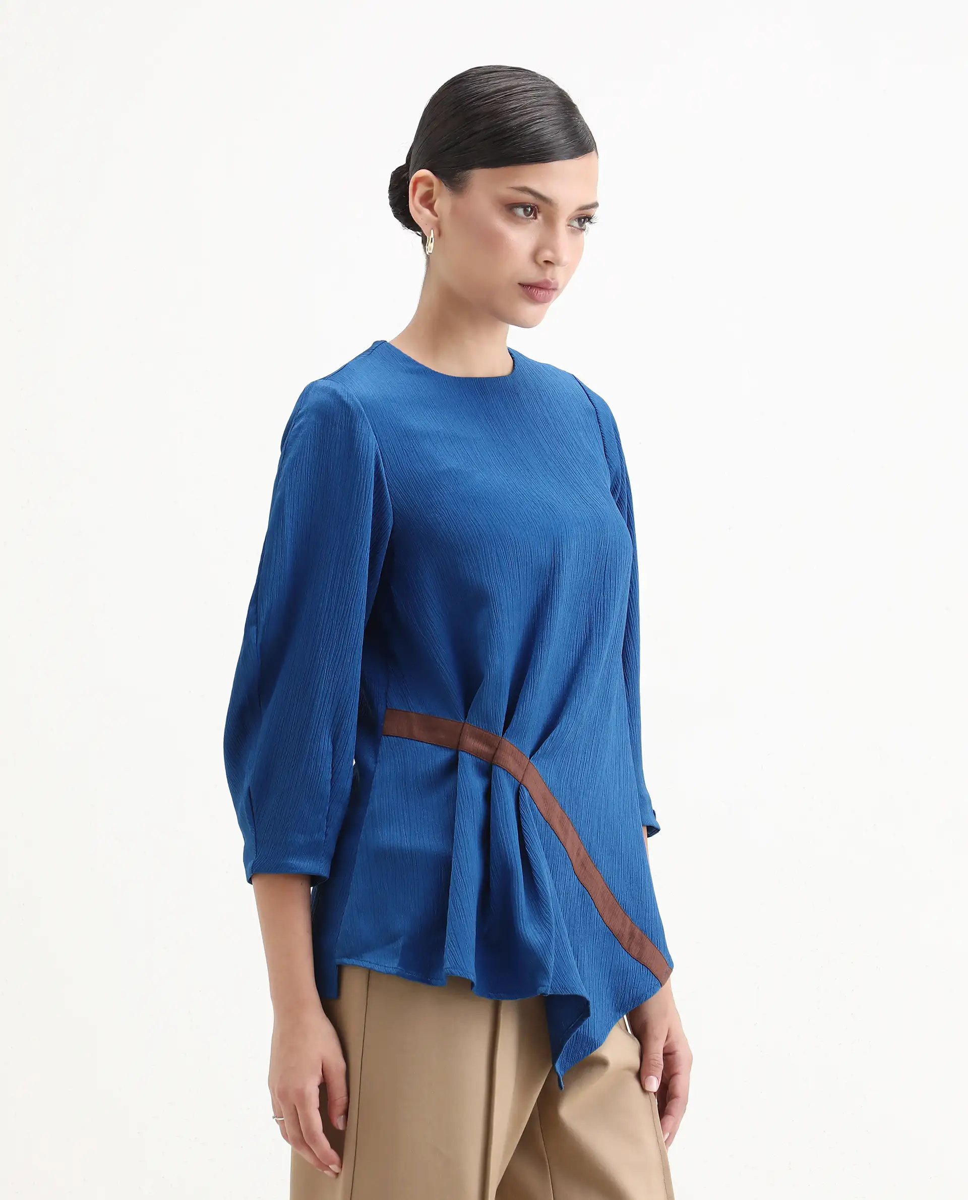 Rareism Women's Yan Blue Polyester Crew Neck Plain Volume Sleeve Regular Fit Top - Image 5