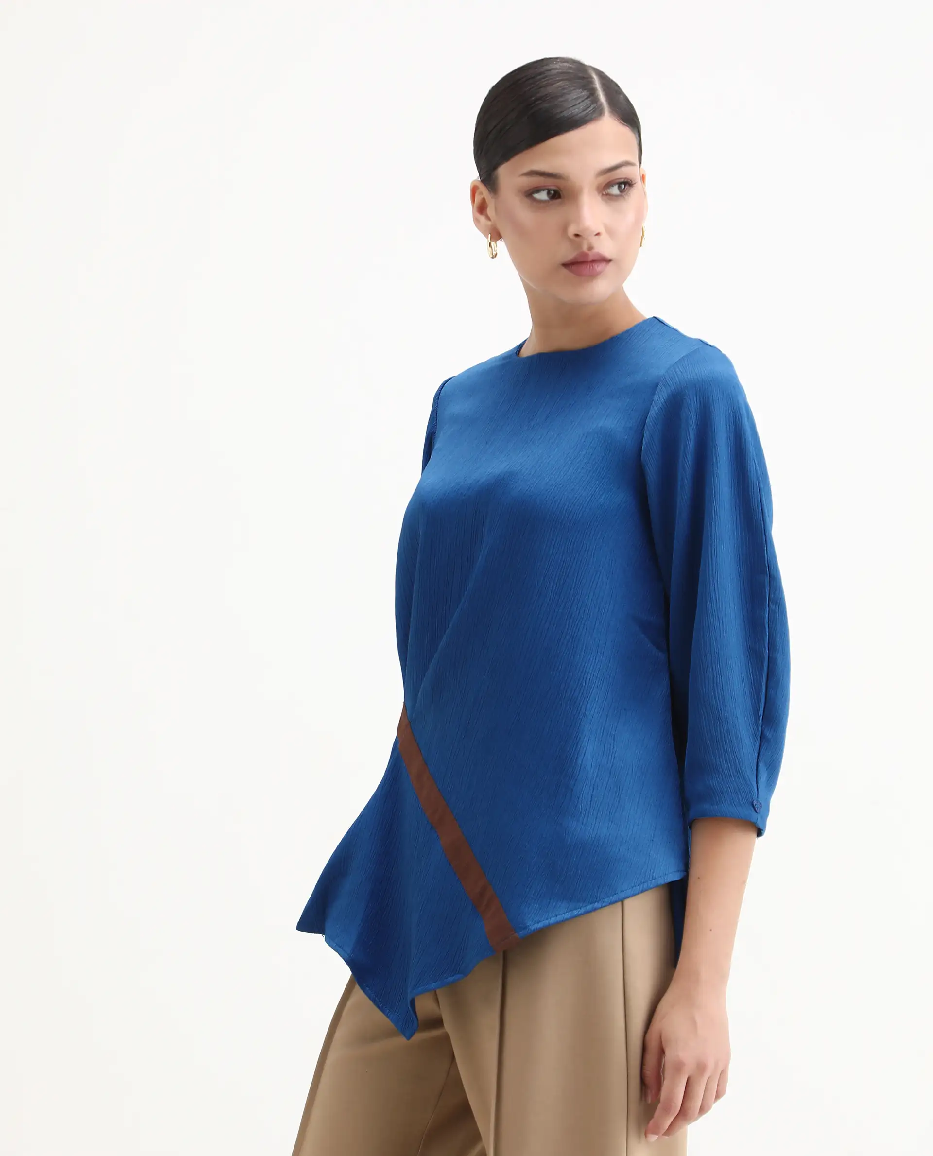 Rareism Women's Yan Blue Polyester Crew Neck Plain Volume Sleeve Regular Fit Top - Image 6