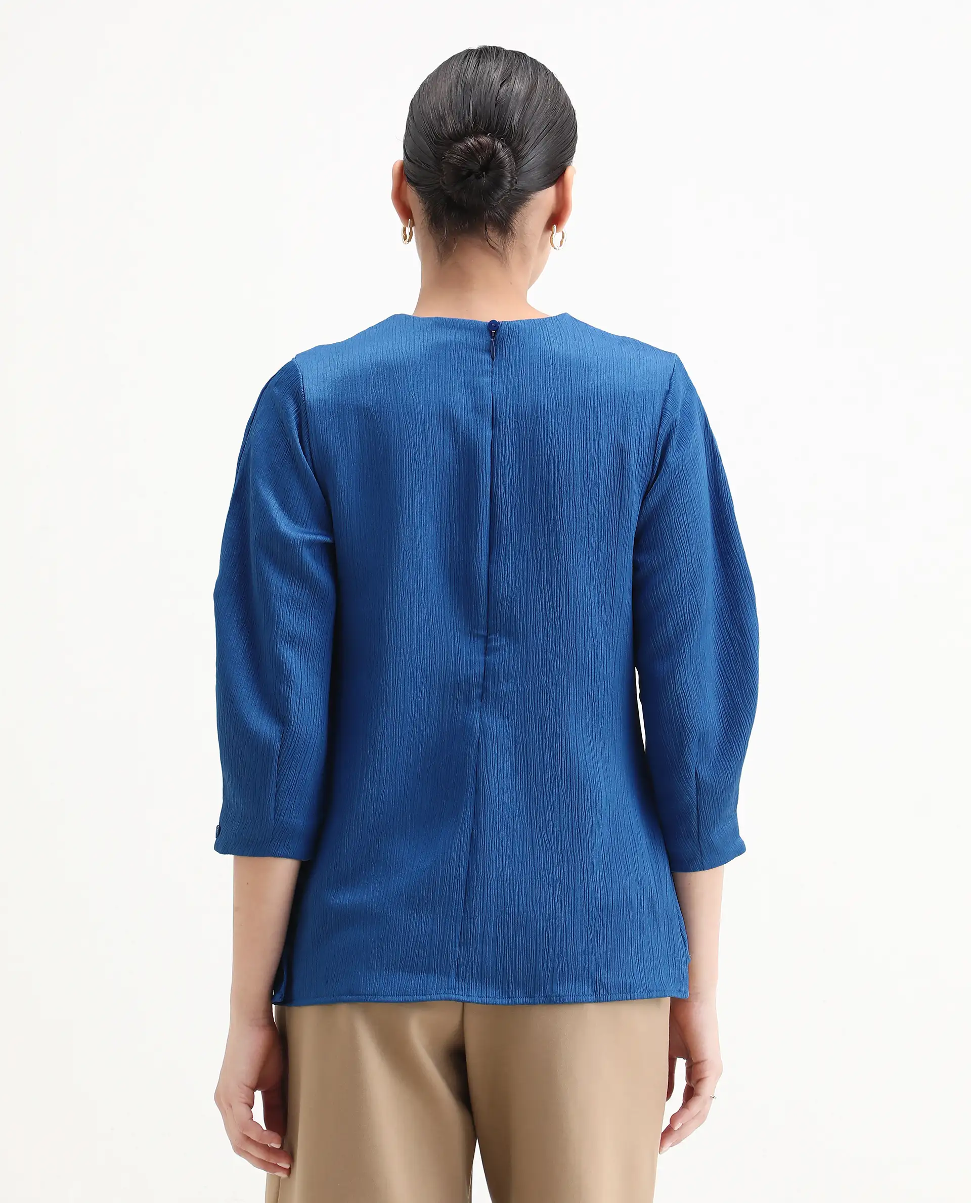 Rareism Women's Yan Blue Polyester Crew Neck Plain Volume Sleeve Regular Fit Top - Image 7