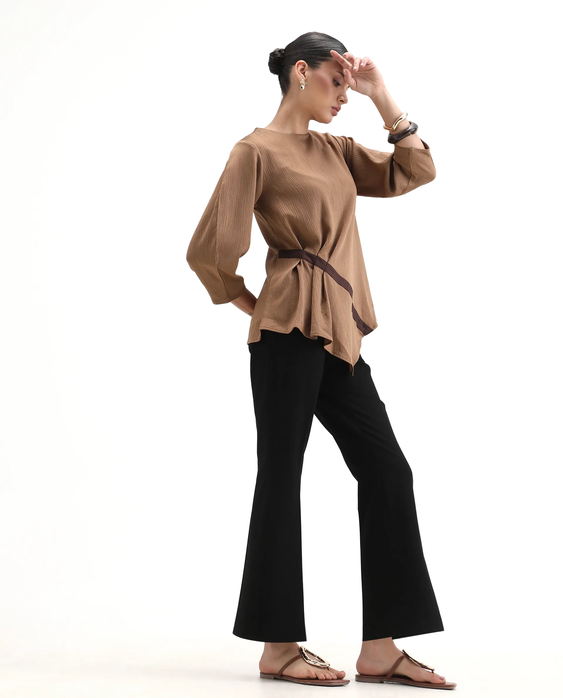 Rareism Women's Yan Brown Polyester Crew Neck Plain Volume Sleeve Regular Fit Top - Image 2