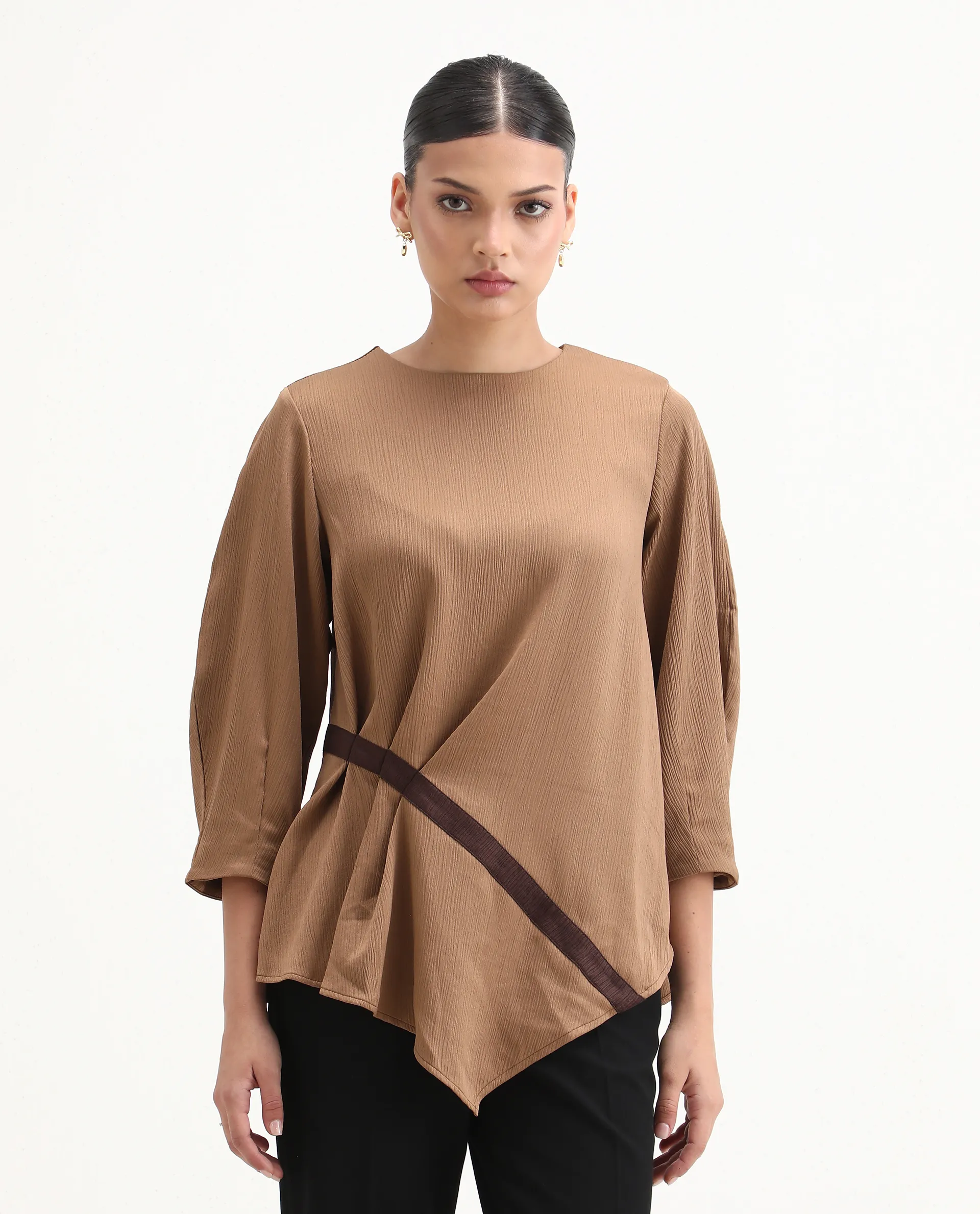 Rareism Women's Yan Brown Polyester Crew Neck Plain Volume Sleeve Regular Fit Top - Image 3