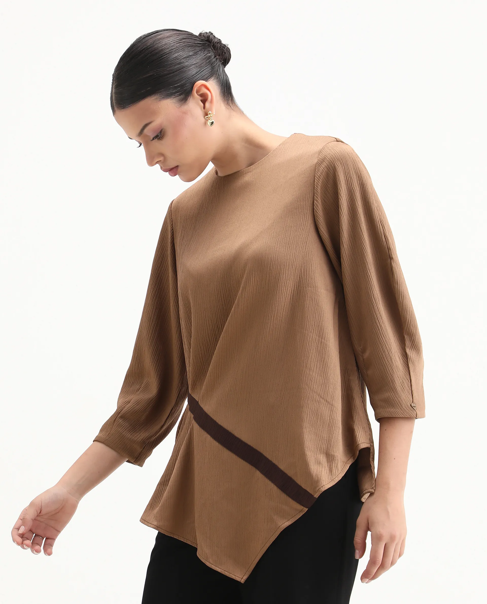 Rareism Women's Yan Brown Polyester Crew Neck Plain Volume Sleeve Regular Fit Top - Image 4