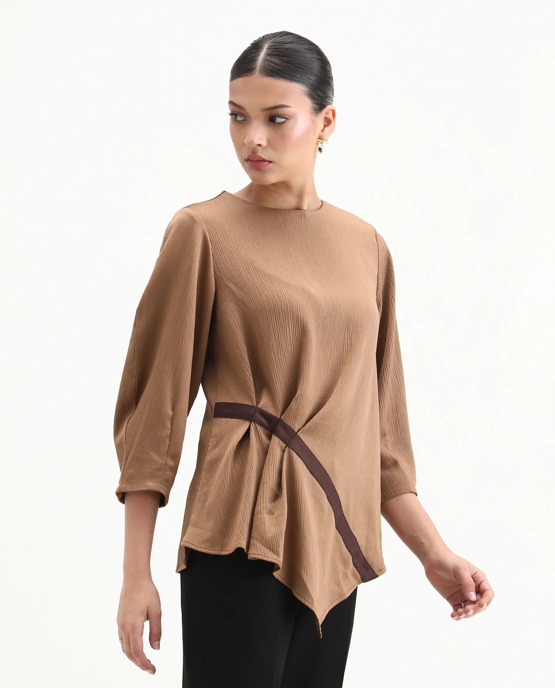 Rareism Women's Yan Brown Polyester Crew Neck Plain Volume Sleeve Regular Fit Top - Image 5