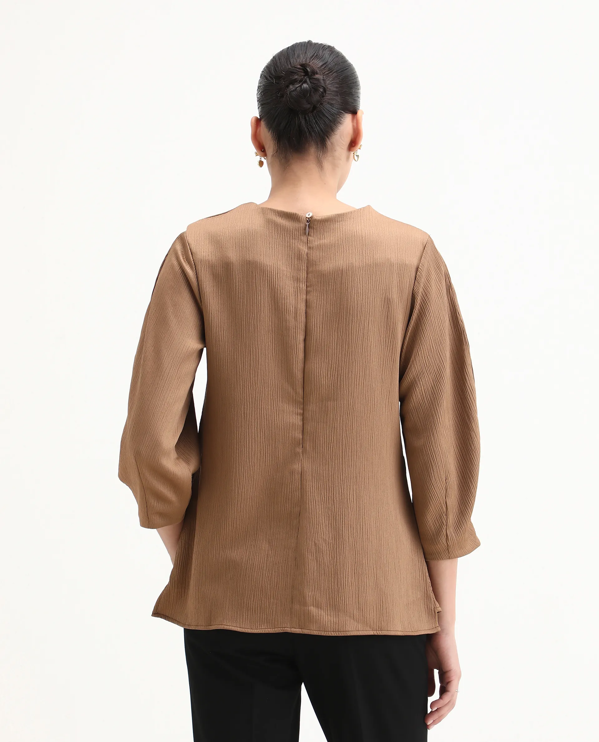 Rareism Women's Yan Brown Polyester Crew Neck Plain Volume Sleeve Regular Fit Top - Image 6