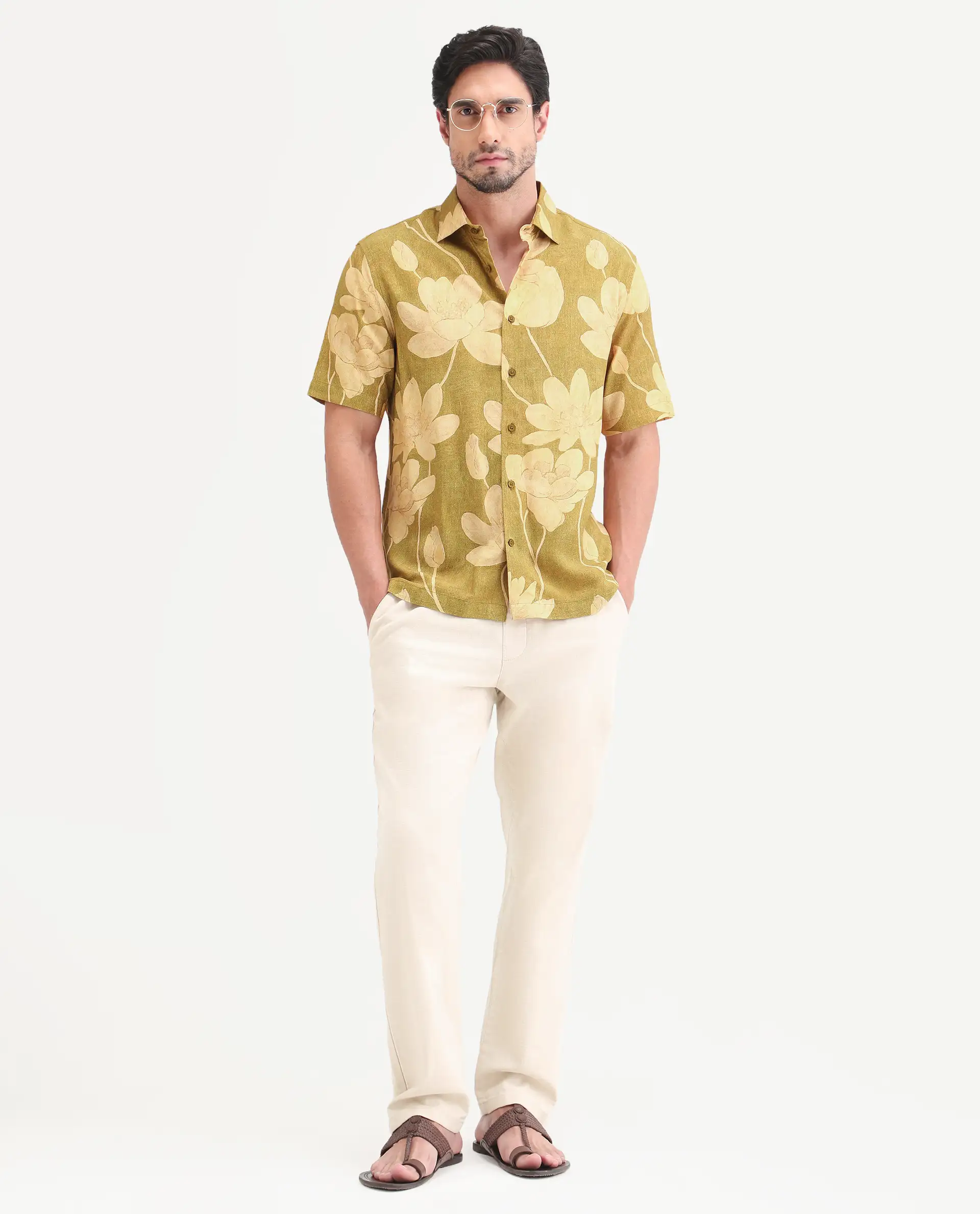 Rare Rabbit Men's Yara Light Mustard Viscose Fabric Half Sleeve Spread Collar Regular Floral Print Shirt - Image 2