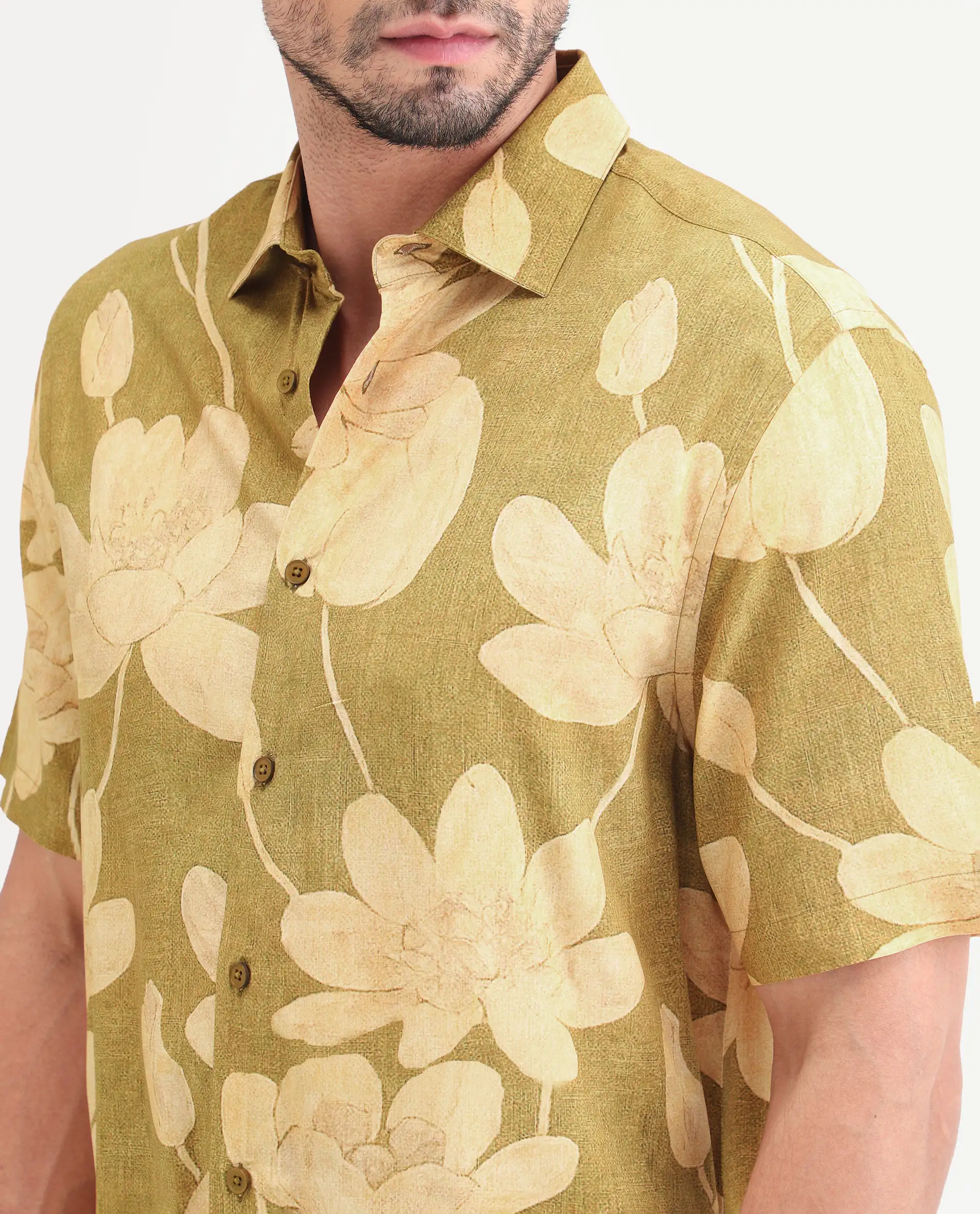 Rare Rabbit Men's Yara Light Mustard Viscose Fabric Half Sleeve Spread Collar Regular Floral Print Shirt - Image 3