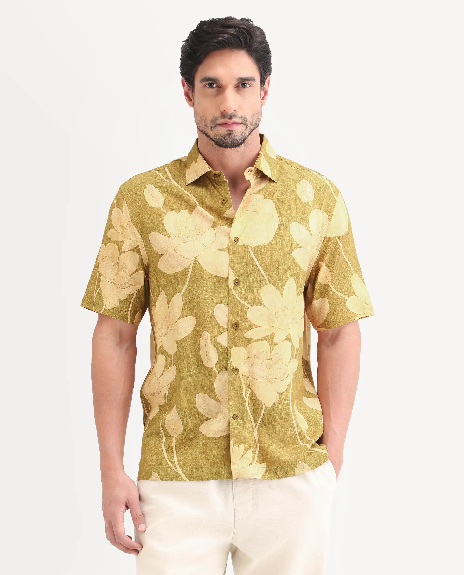 Rare Rabbit Men's Yara Light Mustard Viscose Fabric Half Sleeve Spread Collar Regular Floral Print Shirt - Image 4