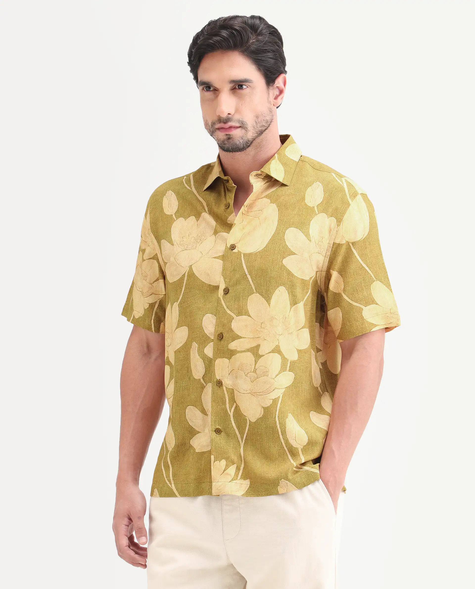 Rare Rabbit Men's Yara Light Mustard Viscose Fabric Half Sleeve Spread Collar Regular Floral Print Shirt - Image 5