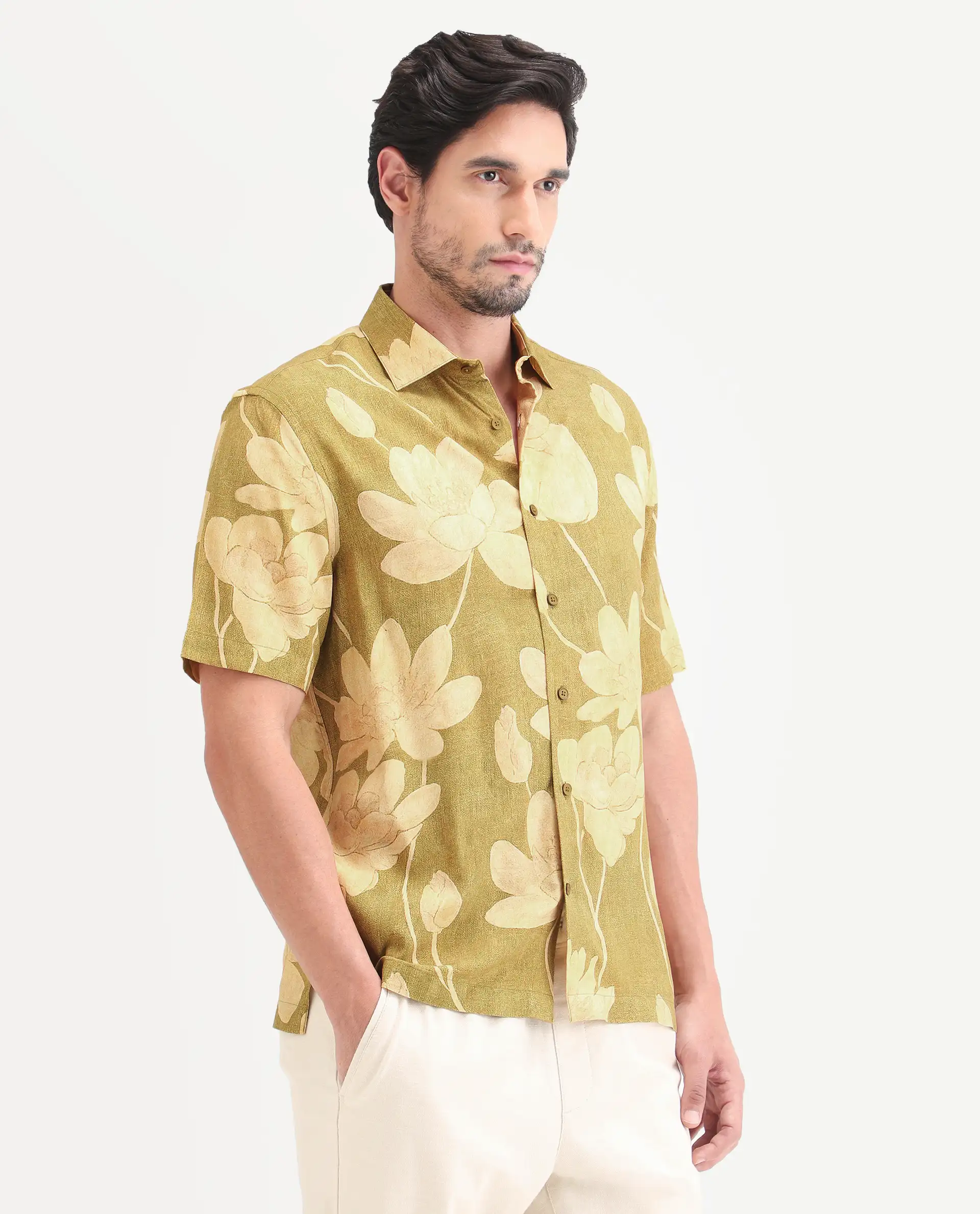Rare Rabbit Men's Yara Light Mustard Viscose Fabric Half Sleeve Spread Collar Regular Floral Print Shirt - Image 6