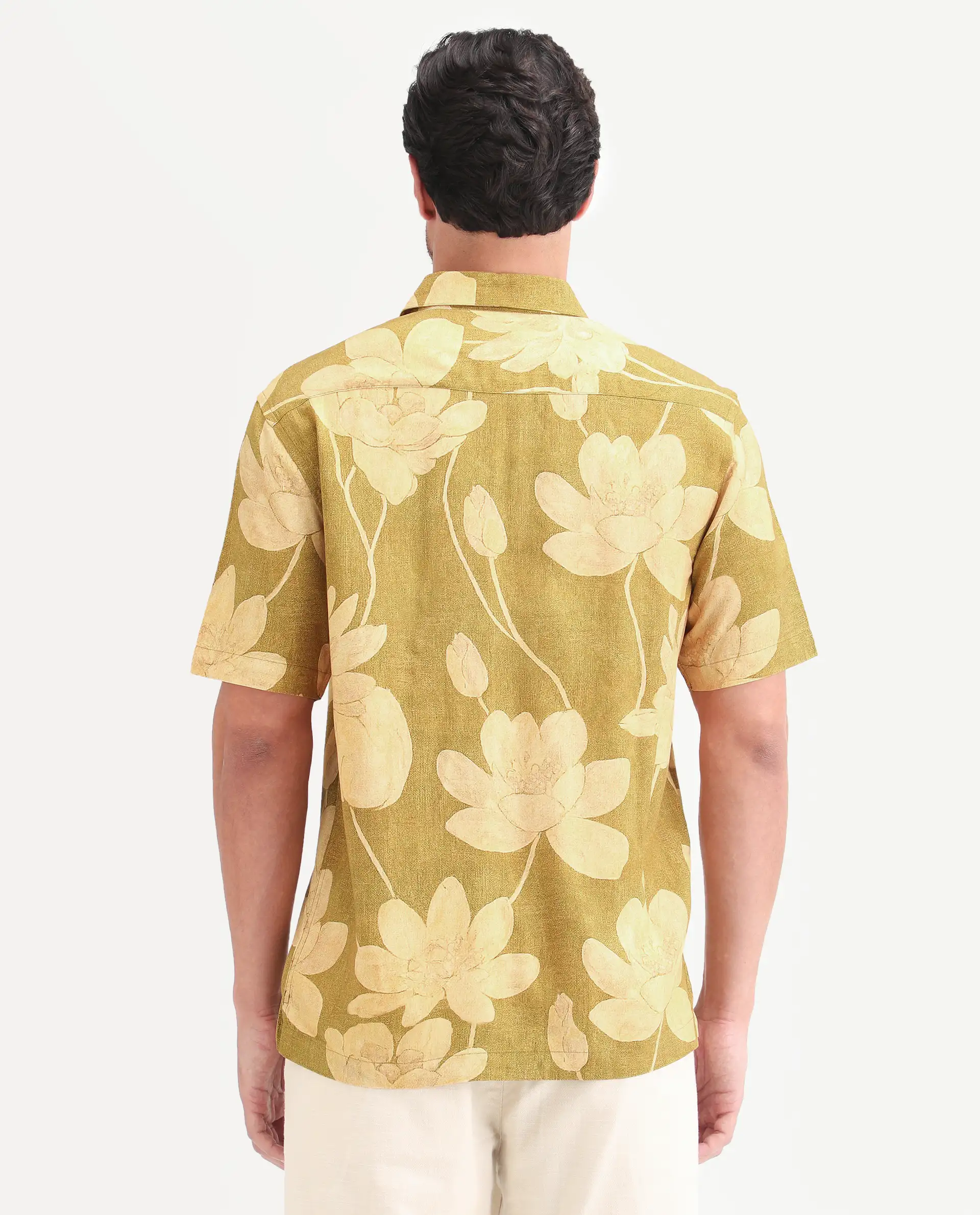Rare Rabbit Men's Yara Light Mustard Viscose Fabric Half Sleeve Spread Collar Regular Floral Print Shirt - Image 7