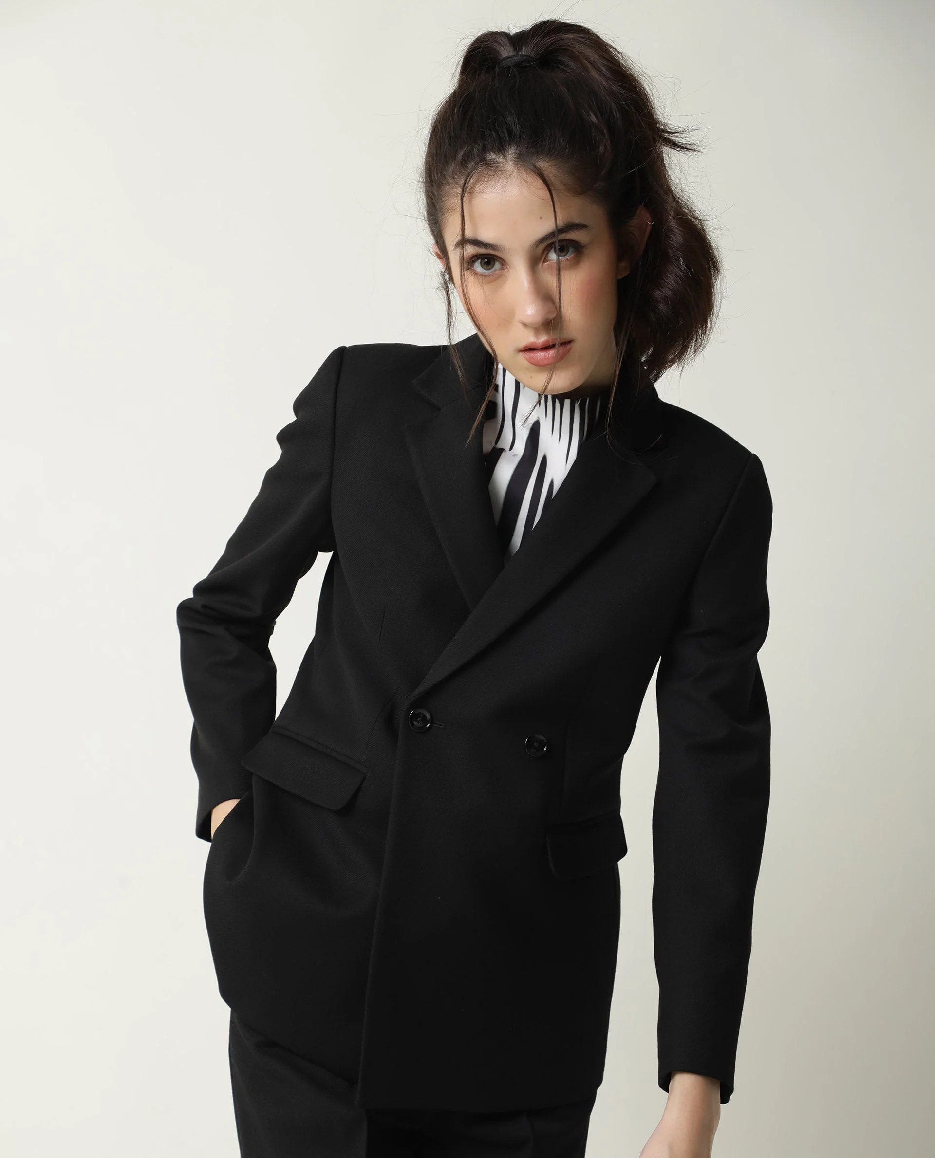 Rareism Womens Yara Black Blazer Poly Viscose Elastane Fabric Regular Fit Full Sleeve Lapel Neck