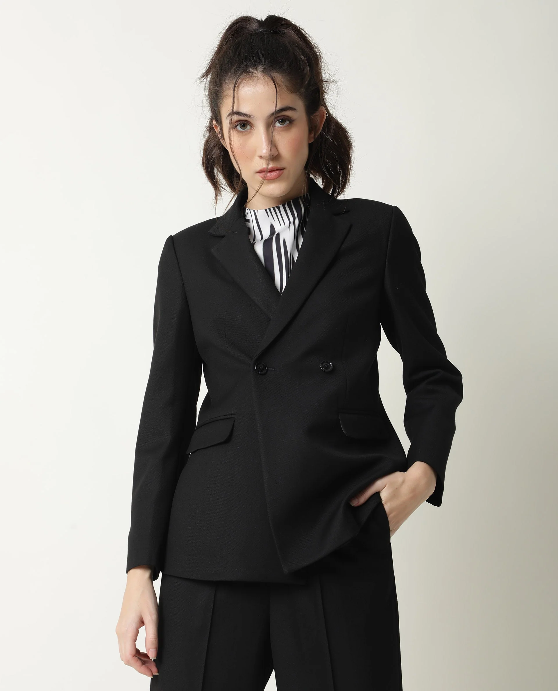 Rareism Womens Yara Black Blazer Poly Viscose Elastane Fabric Regular Fit Full Sleeve Lapel Neck - Image 4