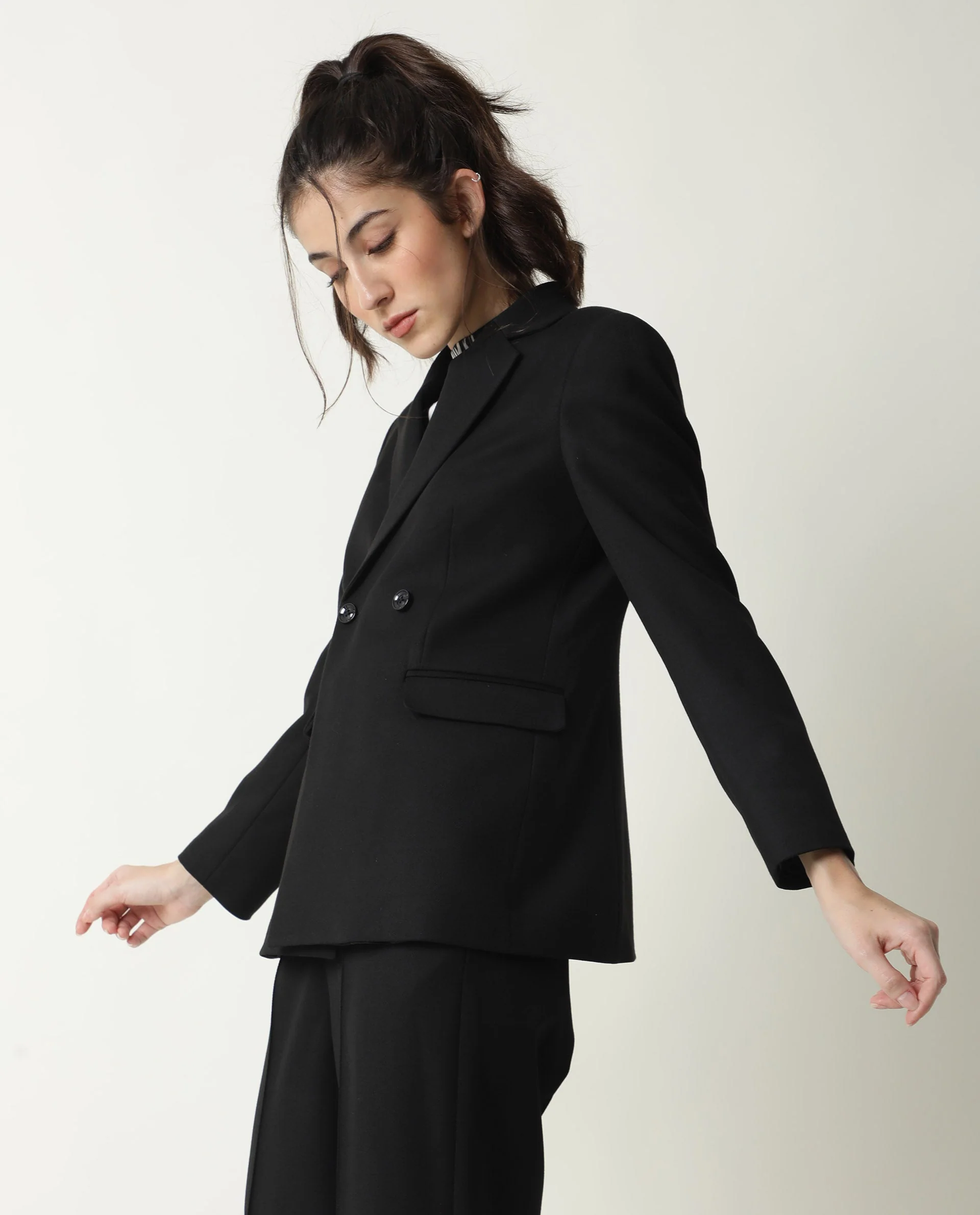 Rareism Womens Yara Black Blazer Poly Viscose Elastane Fabric Regular Fit Full Sleeve Lapel Neck - Image 6