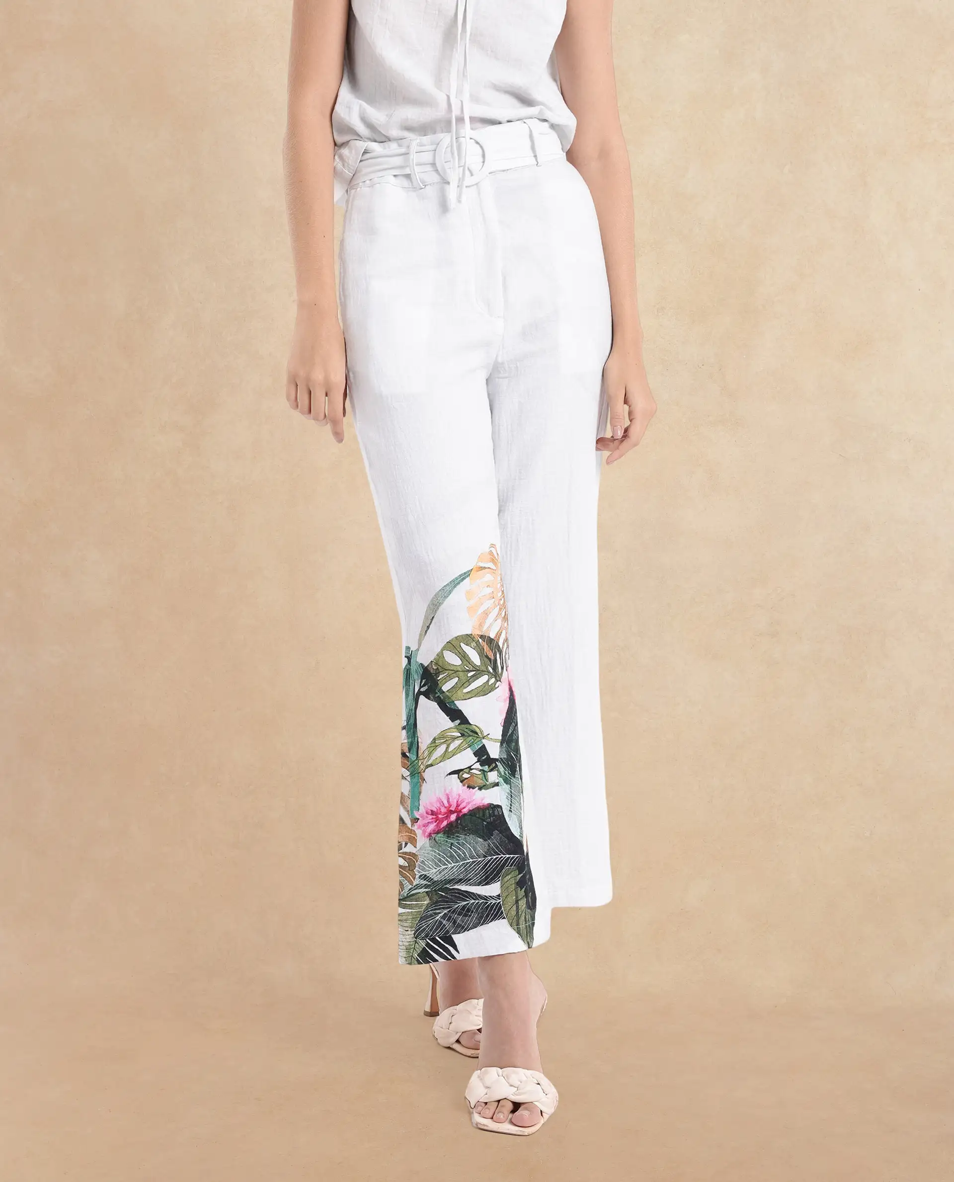 Rareism Women's Yarani Off White Cotton Blend Tropical Print Ankle Length Wide Trouser - Image 3