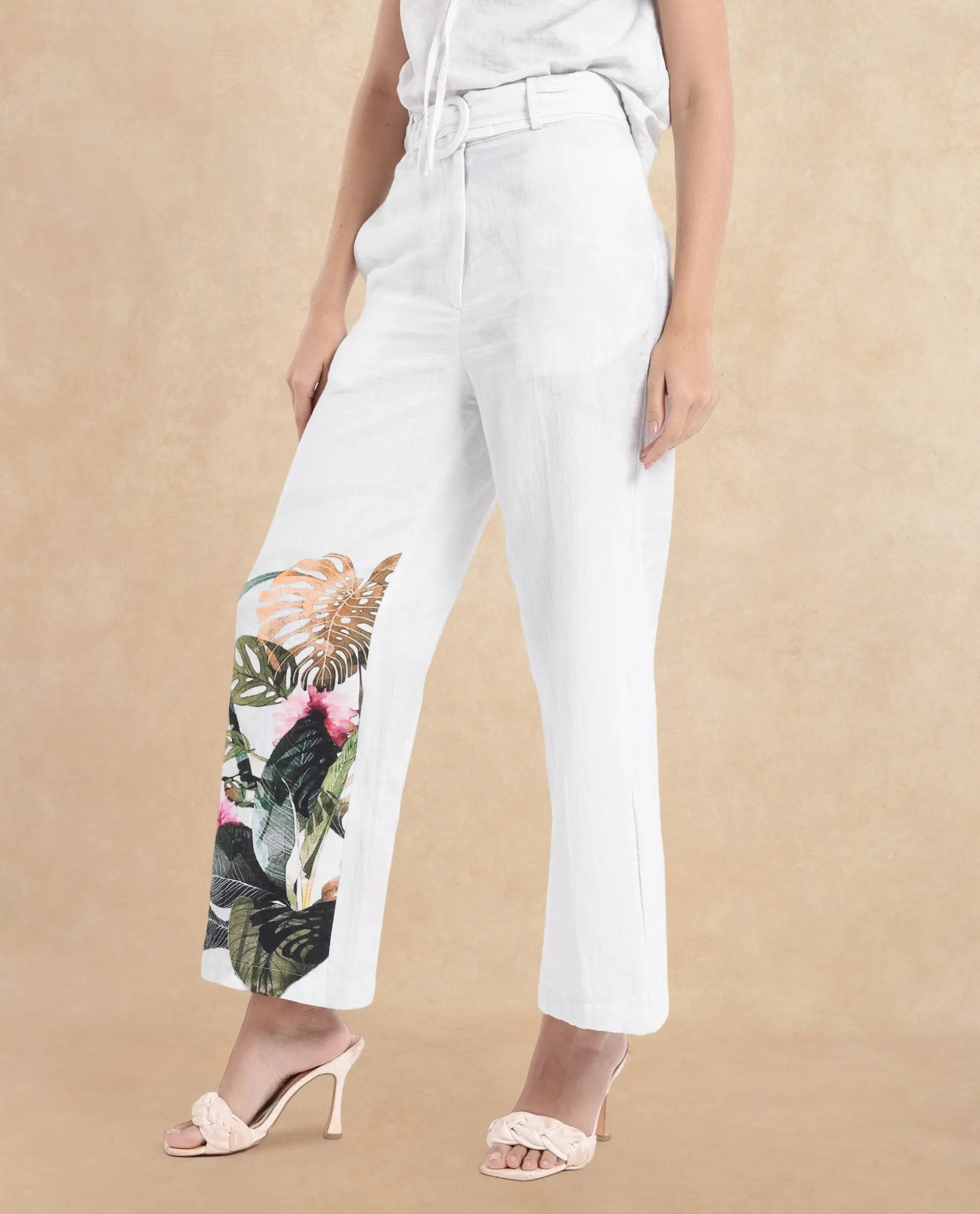 Rareism Women's Yarani Off White Cotton Blend Tropical Print Ankle Length Wide Trouser - Image 5