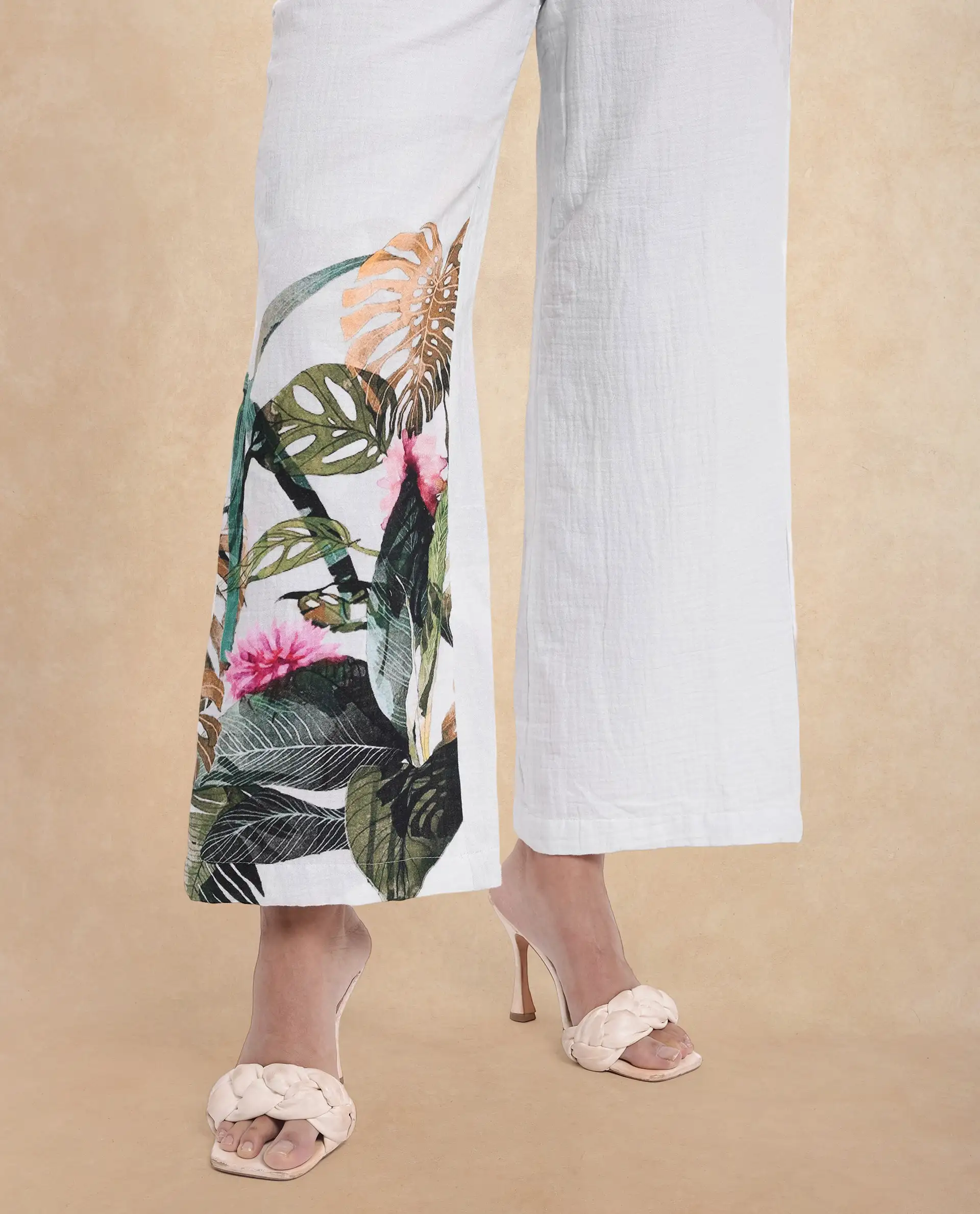 Rareism Women's Yarani Off White Cotton Blend Tropical Print Ankle Length Wide Trouser - Image 6