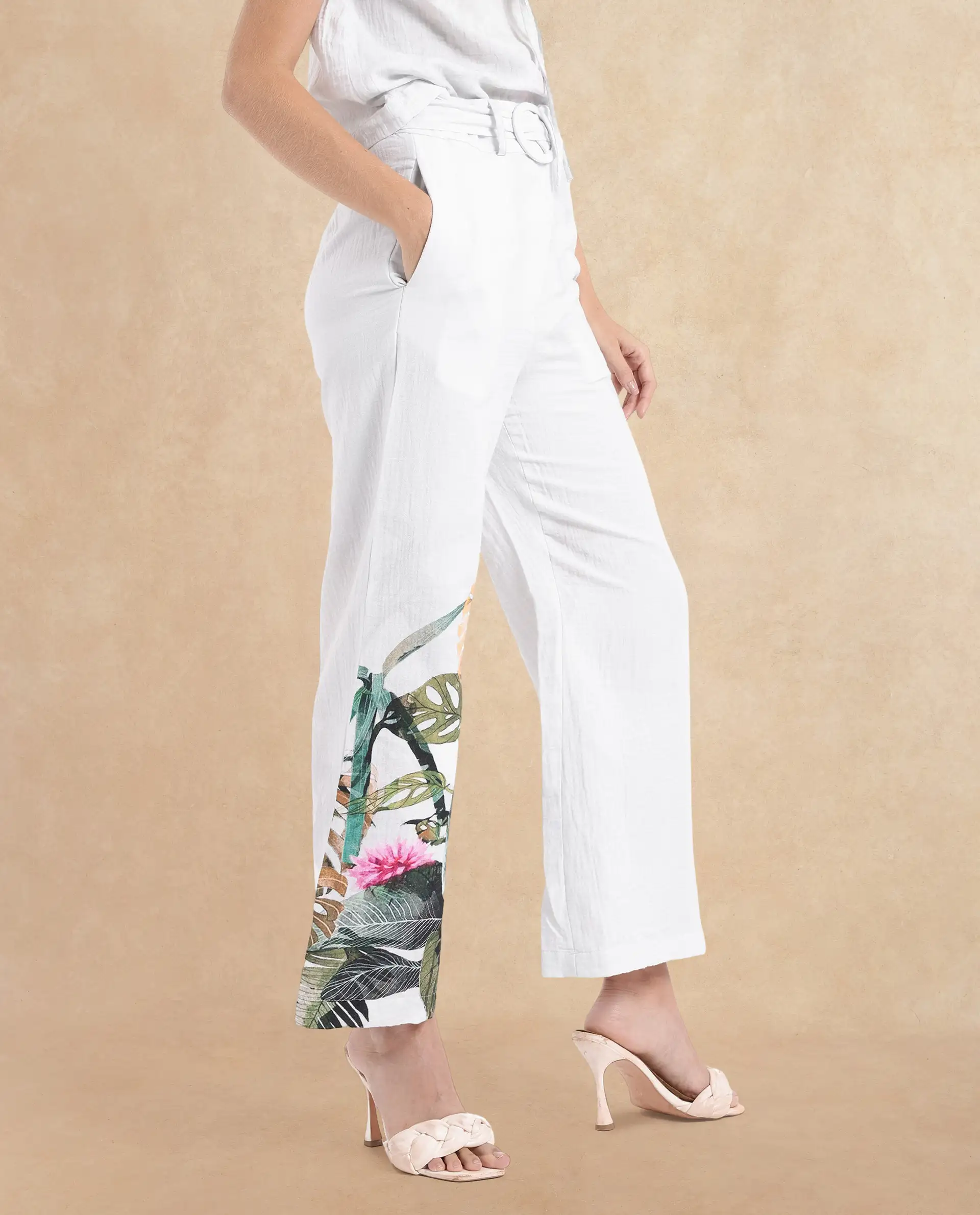 Rareism Women's Yarani Off White Cotton Blend Tropical Print Ankle Length Wide Trouser - Image 7