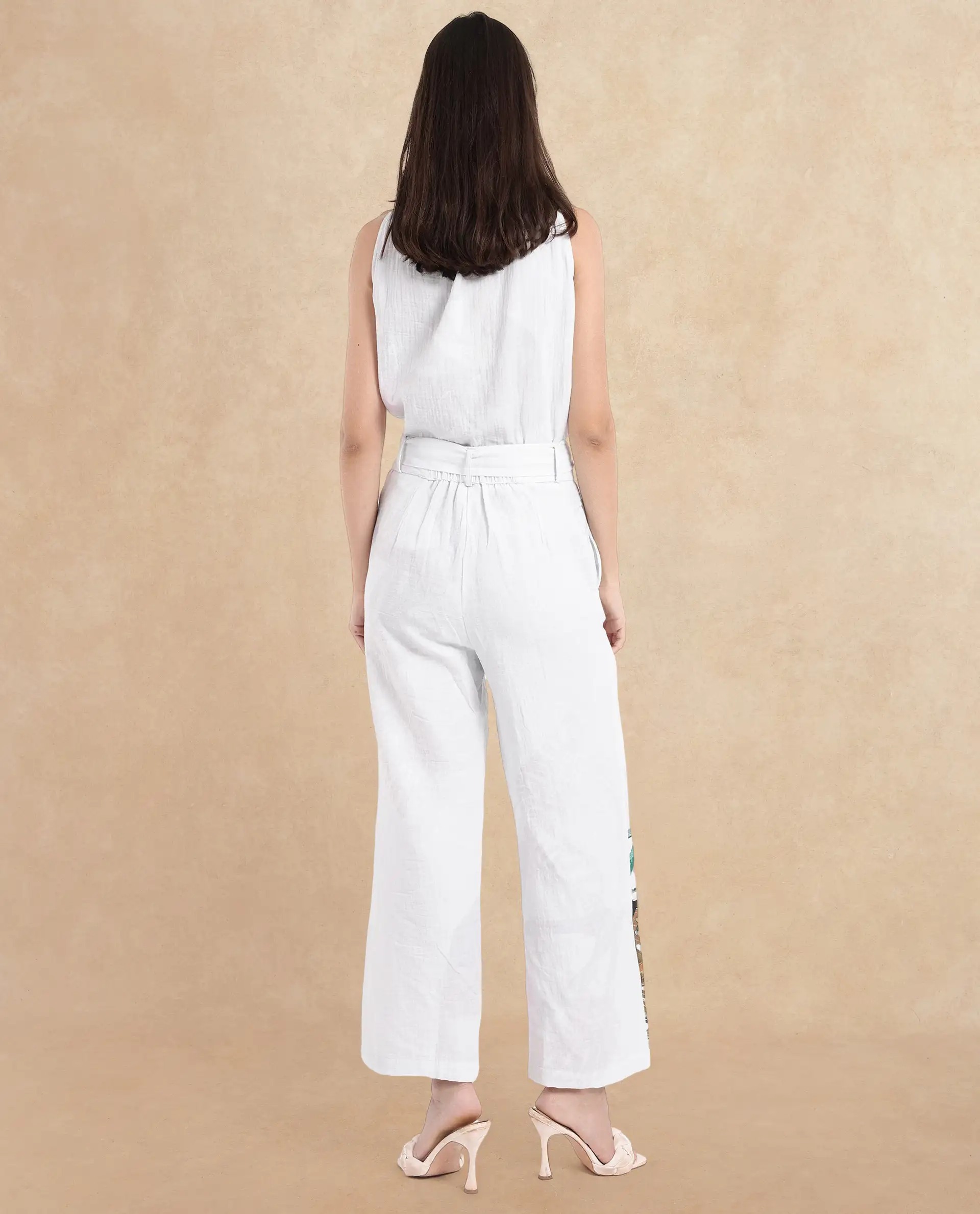 Rareism Women's Yarani Off White Cotton Blend Tropical Print Ankle Length Wide Trouser - Image 8