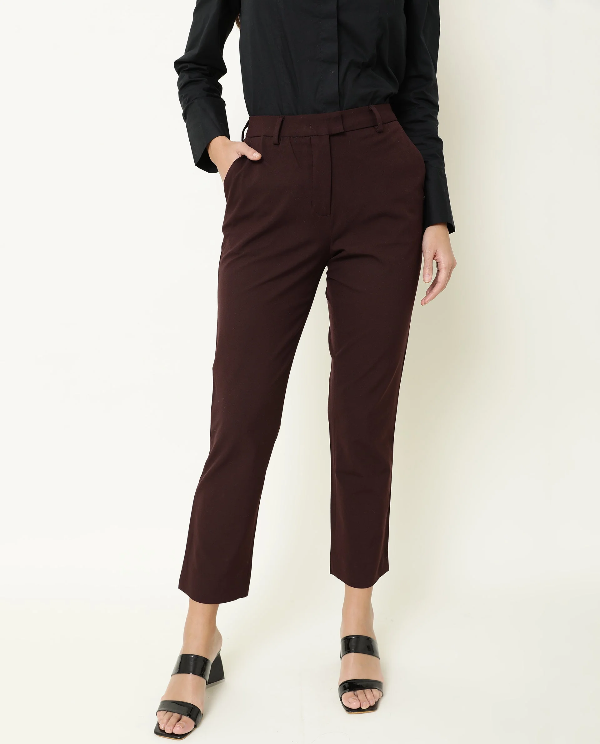 Rareism Women's Yard Maroon Polyester Blend Plain Ankle Length Tailored Trouser - Image 7
