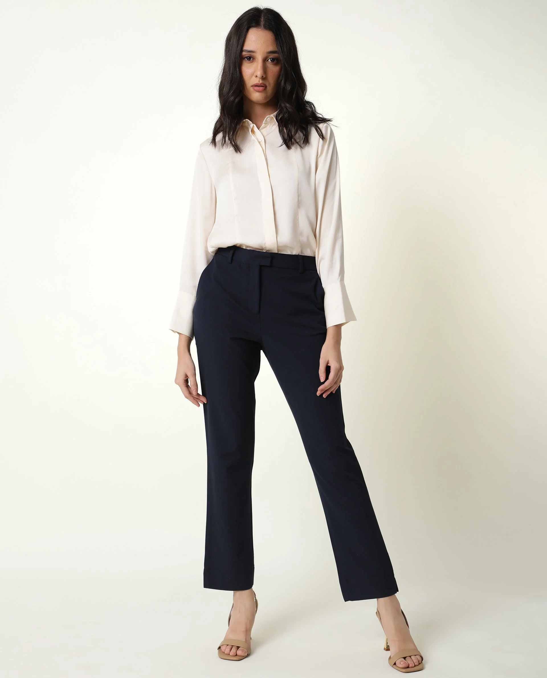 Rareism Women's Yard Navy Polyester Blend Plain Ankle Length Bootcut Trouser