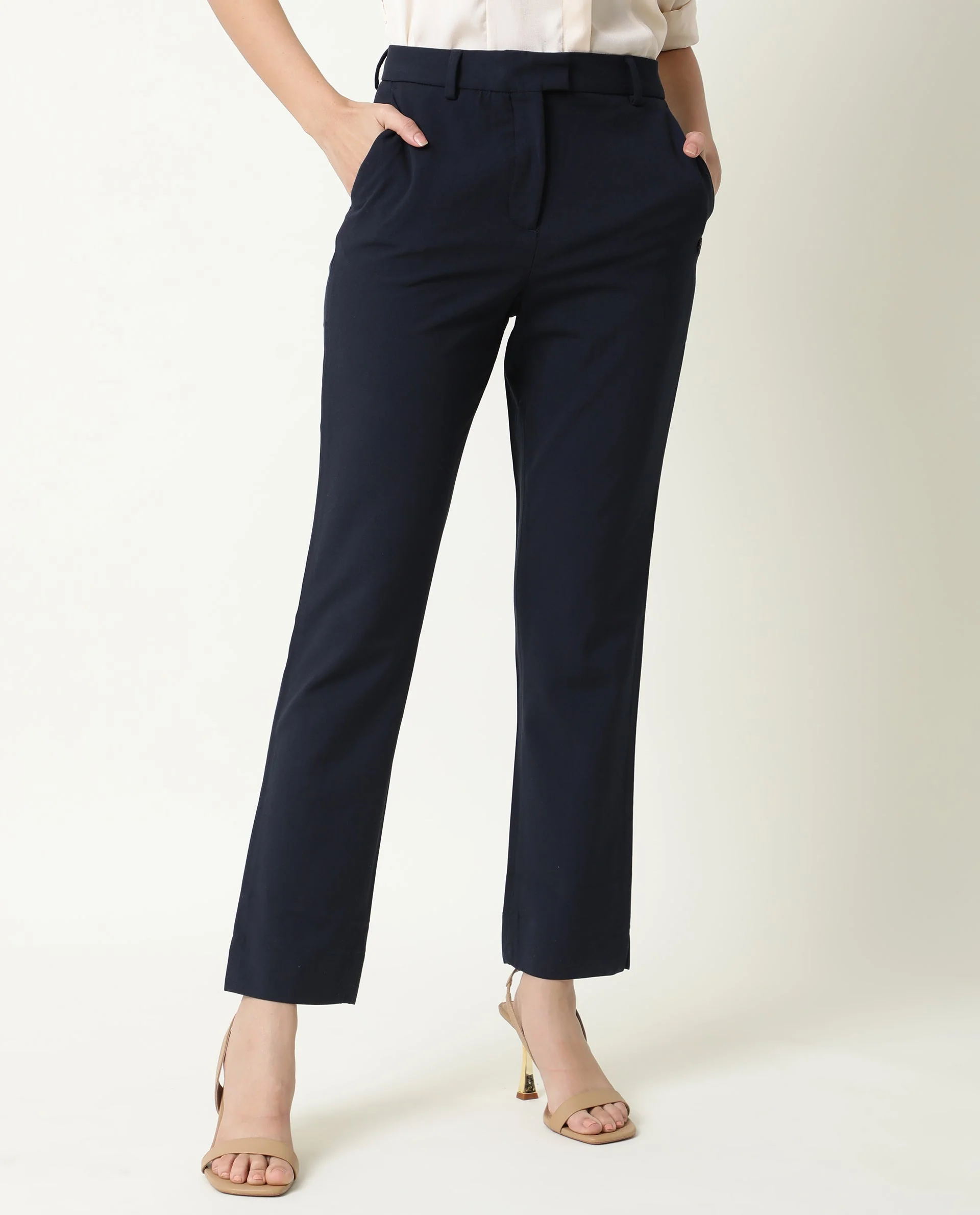 Rareism Women's Yard Navy Polyester Blend Plain Ankle Length Bootcut Trouser - Image 2