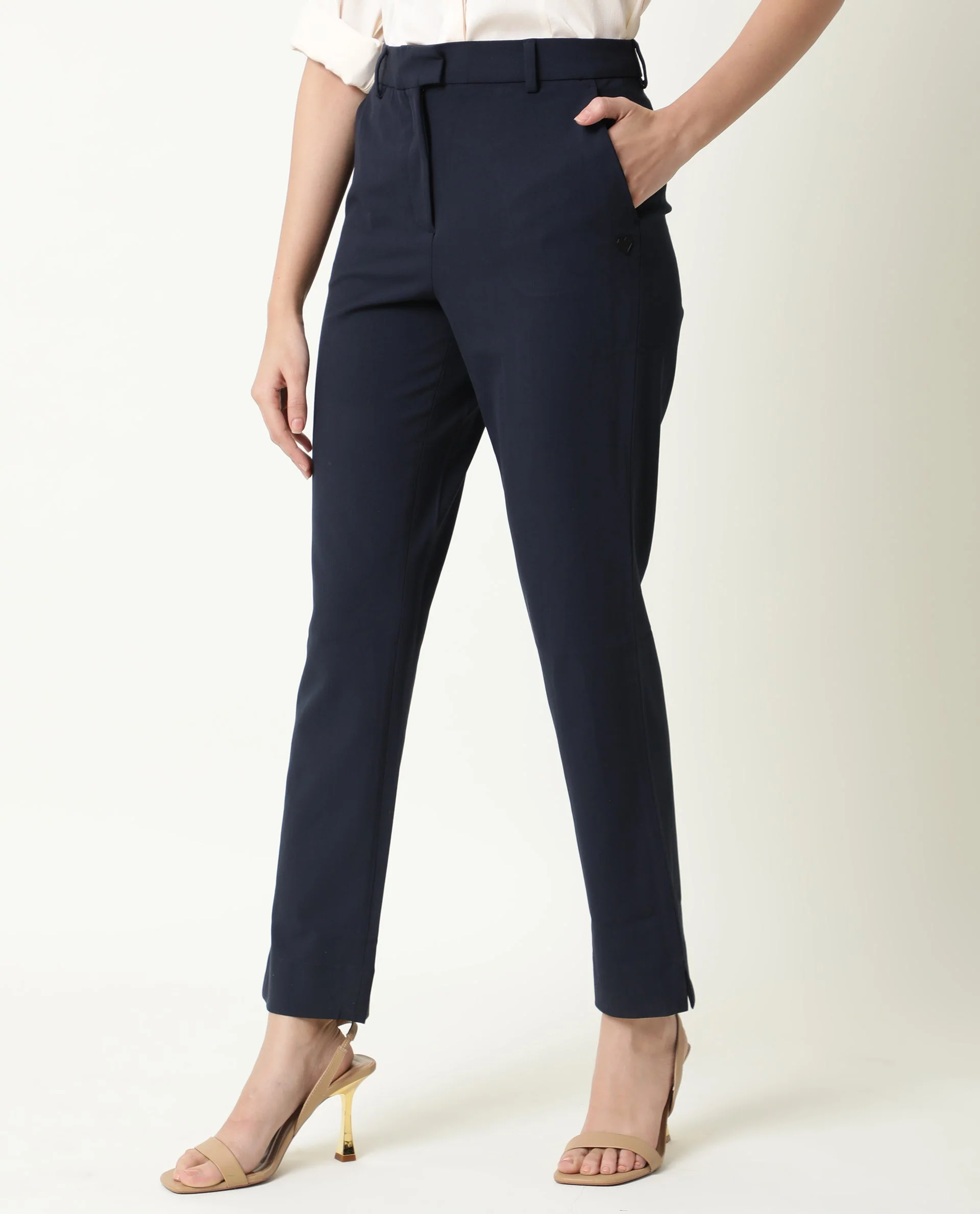 Rareism Women's Yard Navy Polyester Blend Plain Ankle Length Bootcut Trouser - Image 3