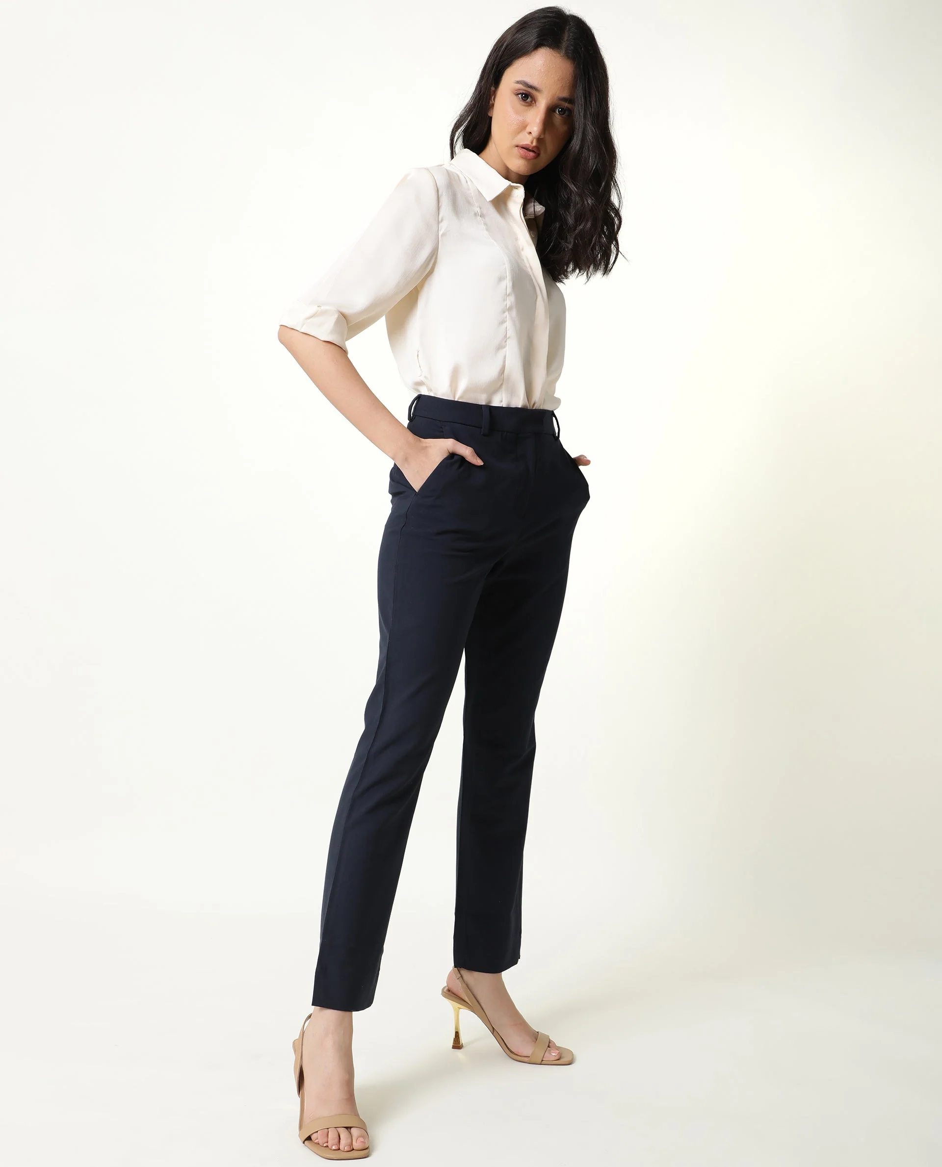 Rareism Women's Yard Navy Polyester Blend Plain Ankle Length Bootcut Trouser - Image 6