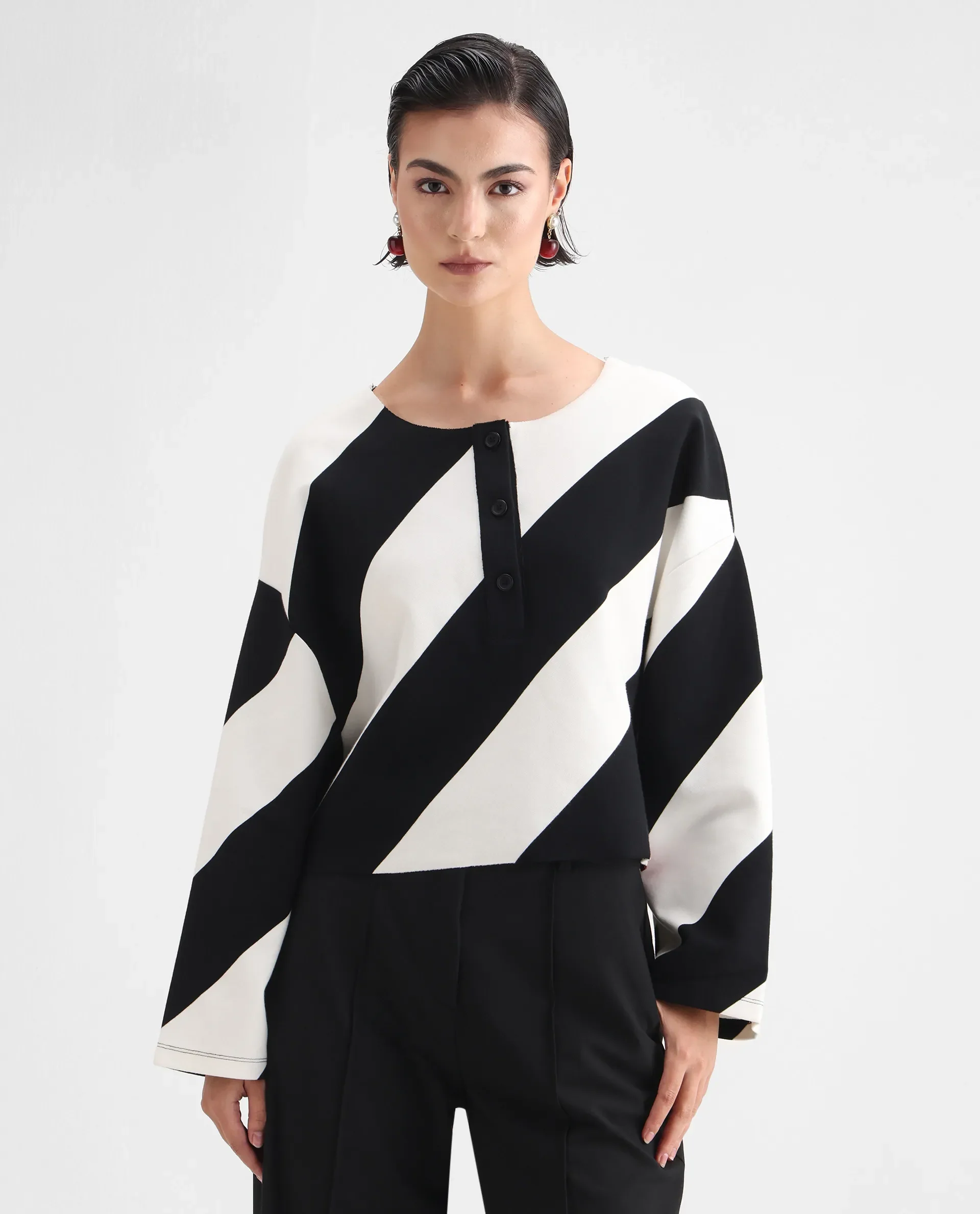 Rareism Women's Yarny Black Polyester Blend Henley Neck Striped Relaxed Fit Top - Image 3