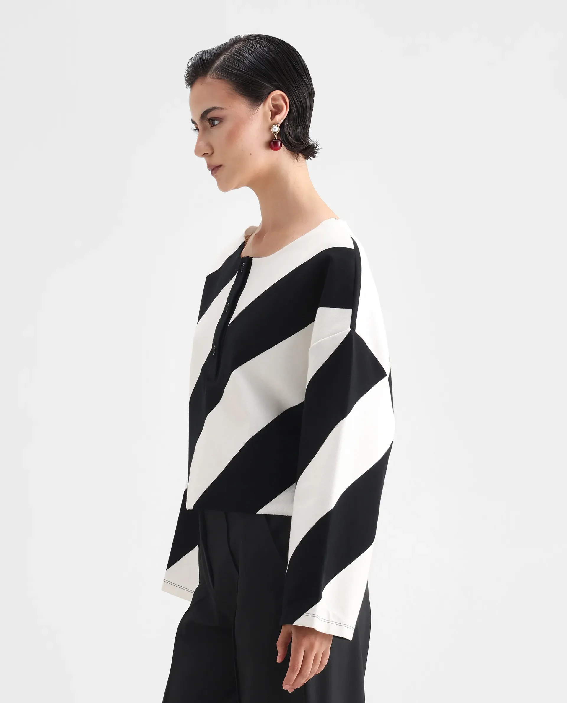 Rareism Women's Yarny Black Polyester Blend Henley Neck Striped Relaxed Fit Top - Image 4