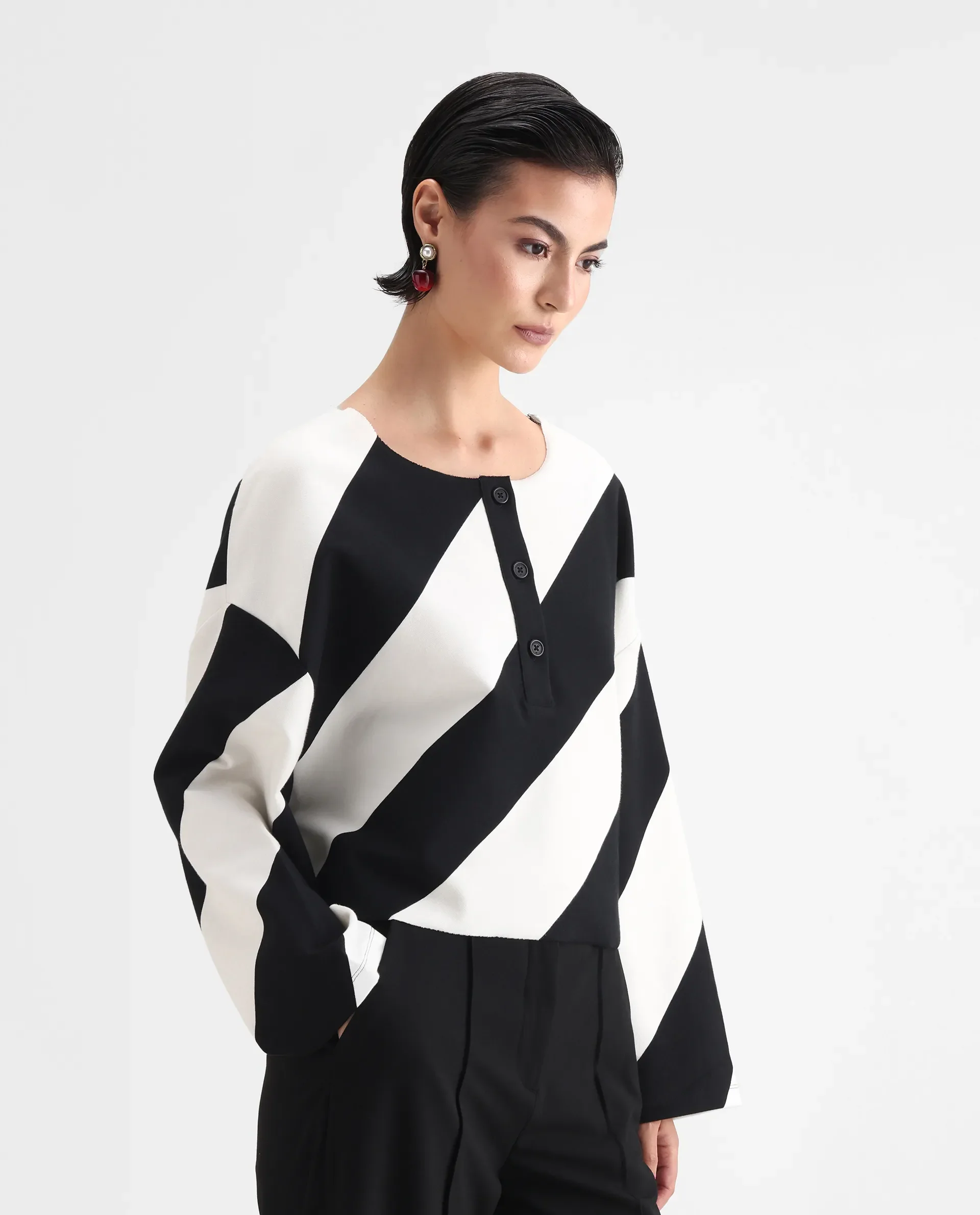 Rareism Women's Yarny Black Polyester Blend Henley Neck Striped Relaxed Fit Top - Image 5