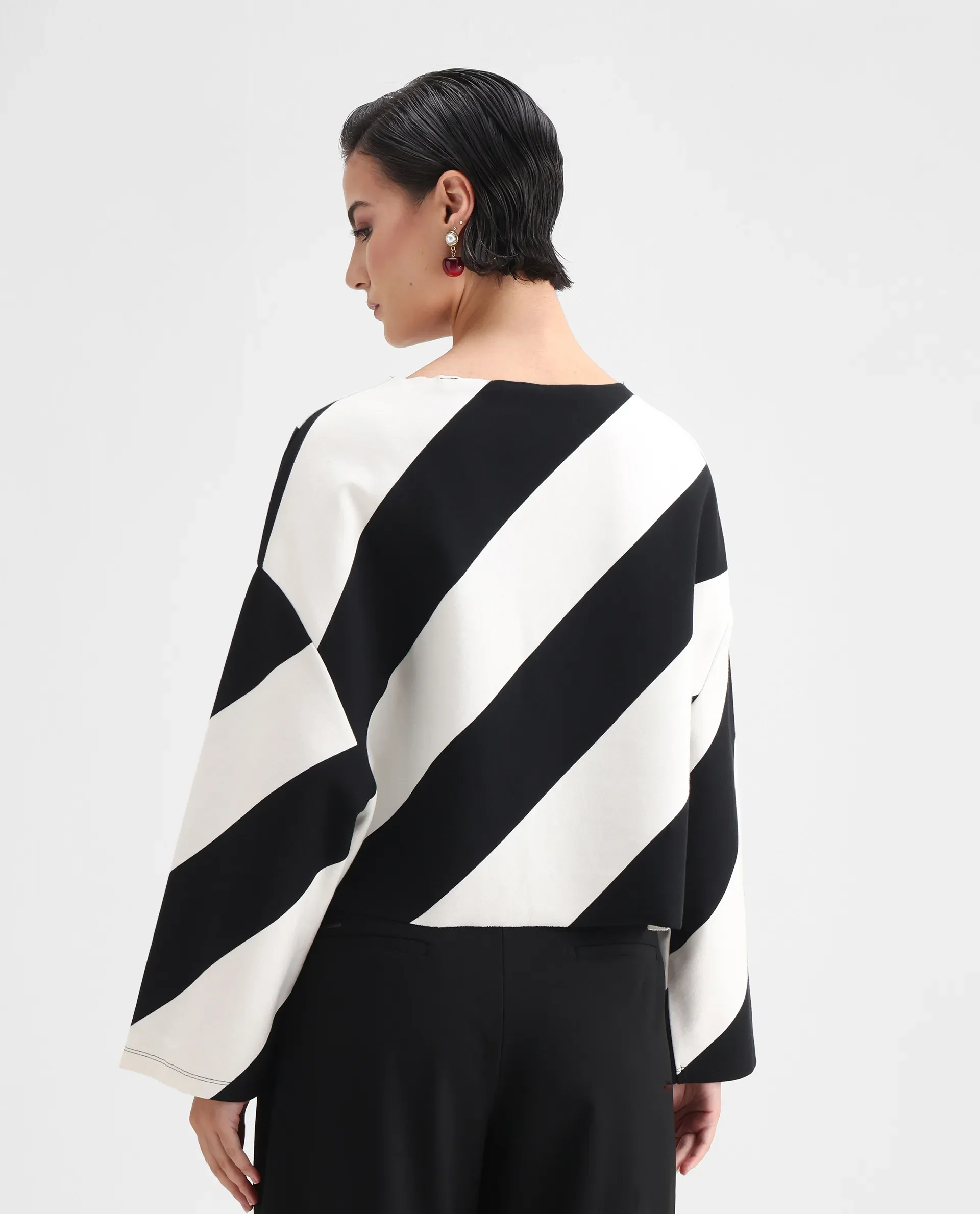 Rareism Women's Yarny Black Polyester Blend Henley Neck Striped Relaxed Fit Top - Image 6