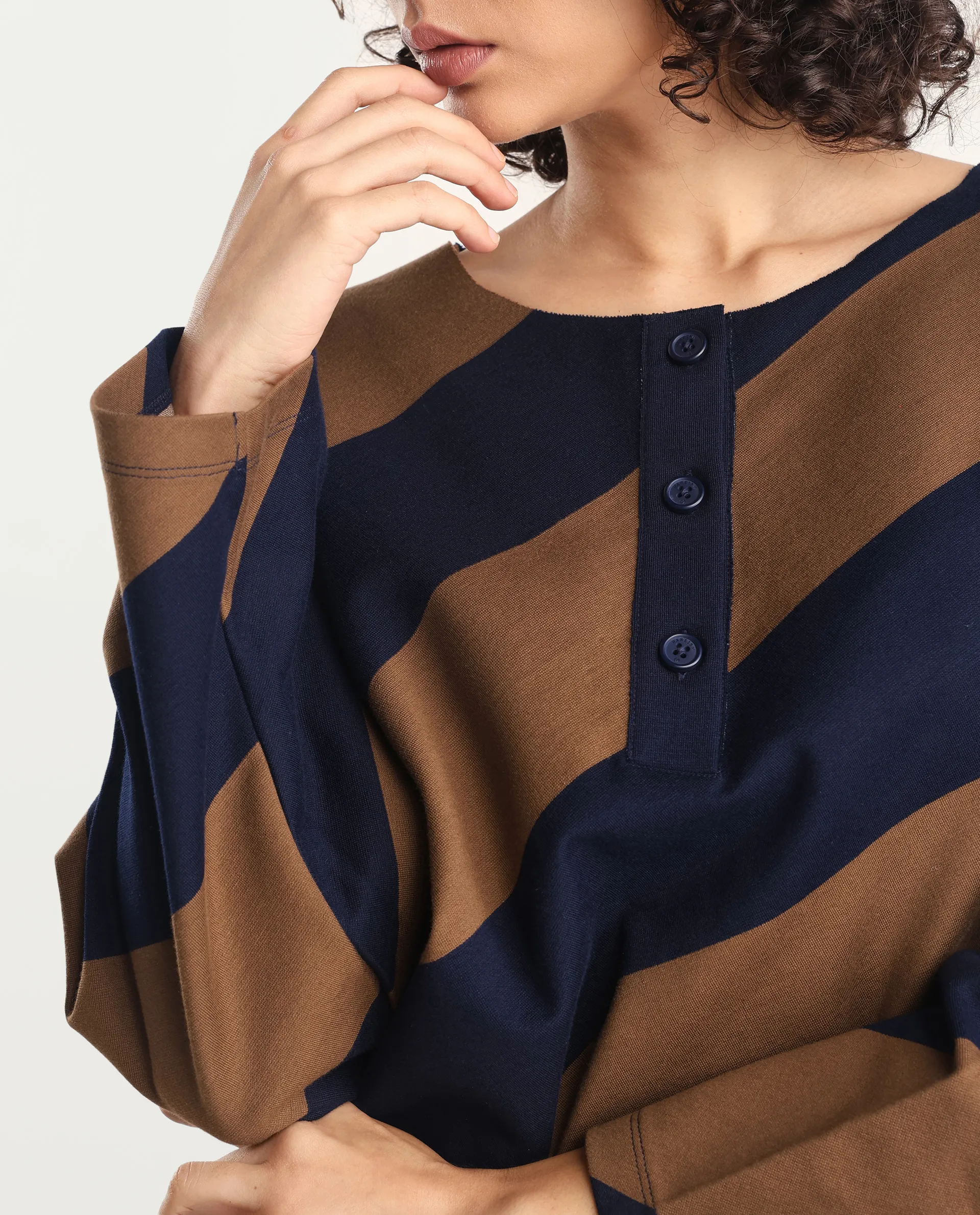 Rareism Women's Yarny Brown Polyester Blend Henley Neck Striped Relaxed Fit Top - Image 3