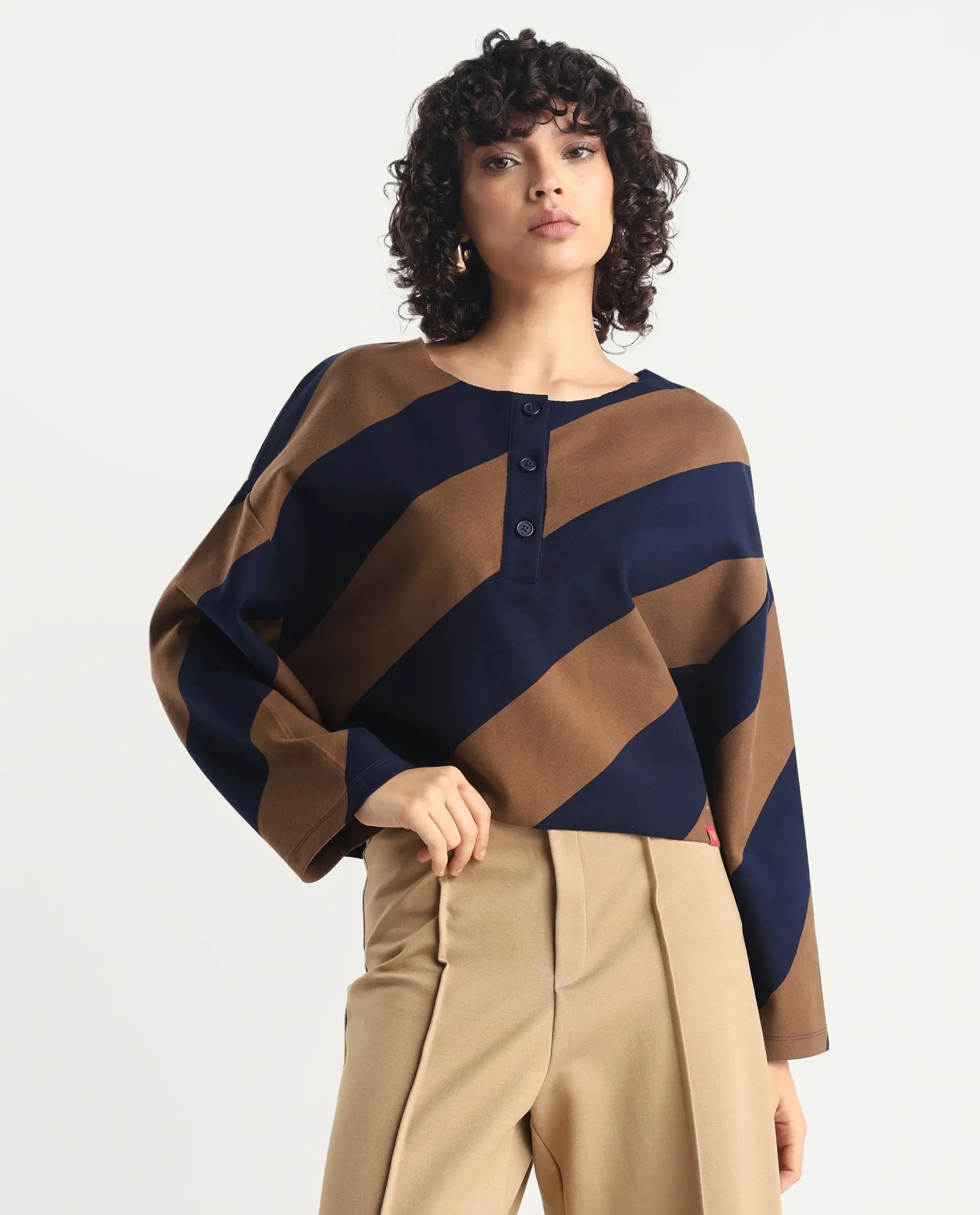 Rareism Women's Yarny Brown Polyester Blend Henley Neck Striped Relaxed Fit Top - Image 4