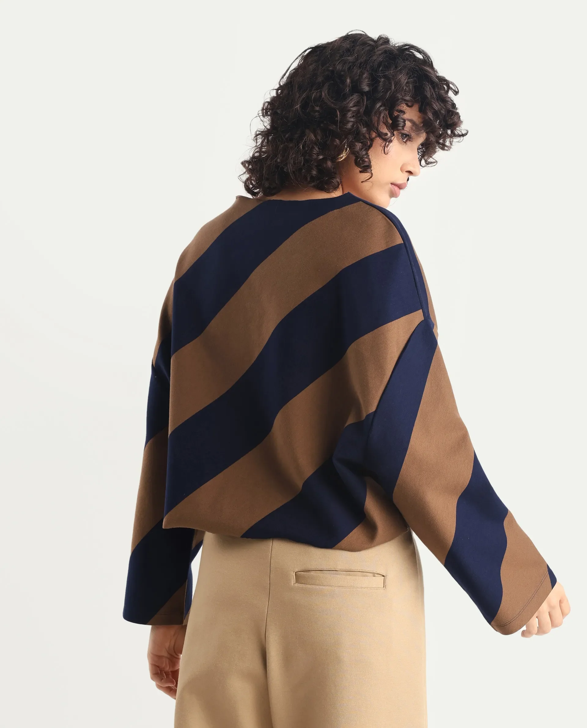 Rareism Women's Yarny Brown Polyester Blend Henley Neck Striped Relaxed Fit Top - Image 7