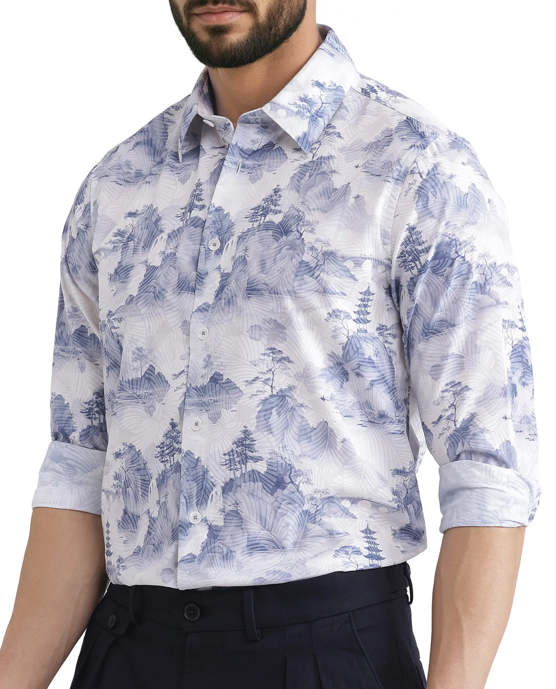 Rare Rabbit Men's Yashi Off White Cotton Abstract Print Regular Fit Full Sleeve Collared Shirt - Image 3