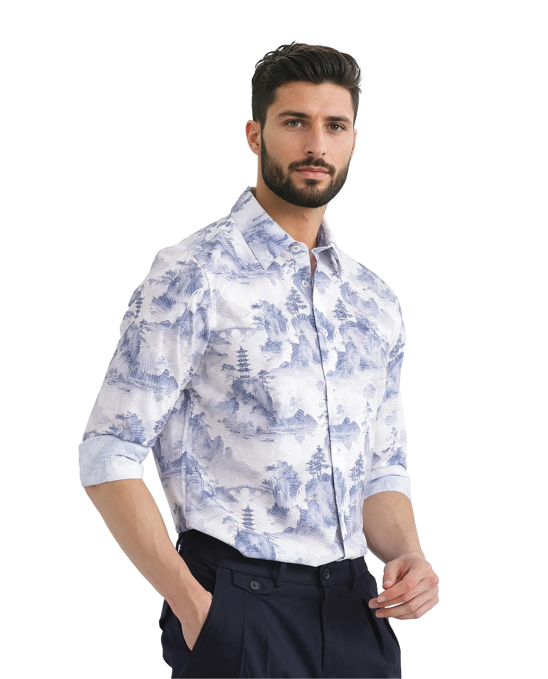 Rare Rabbit Men's Yashi Off White Cotton Abstract Print Regular Fit Full Sleeve Collared Shirt - Image 6