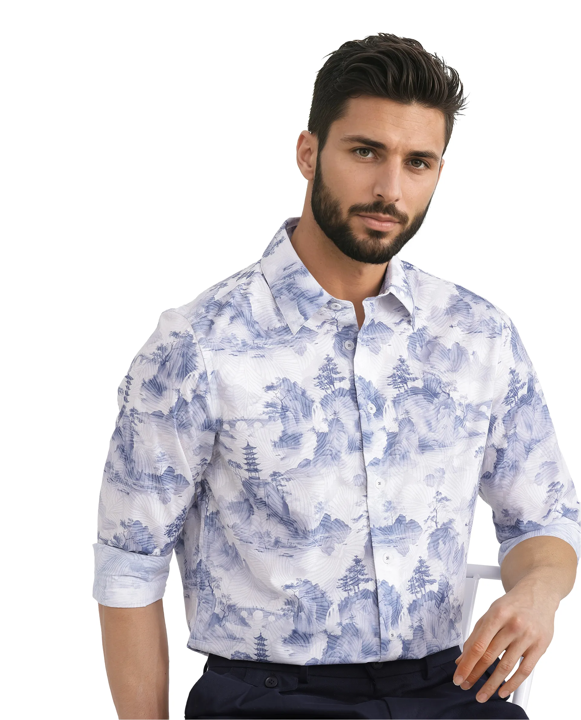 Rare Rabbit Men's Yashi Off White Cotton Abstract Print Regular Fit Full Sleeve Collared Shirt - Image 7
