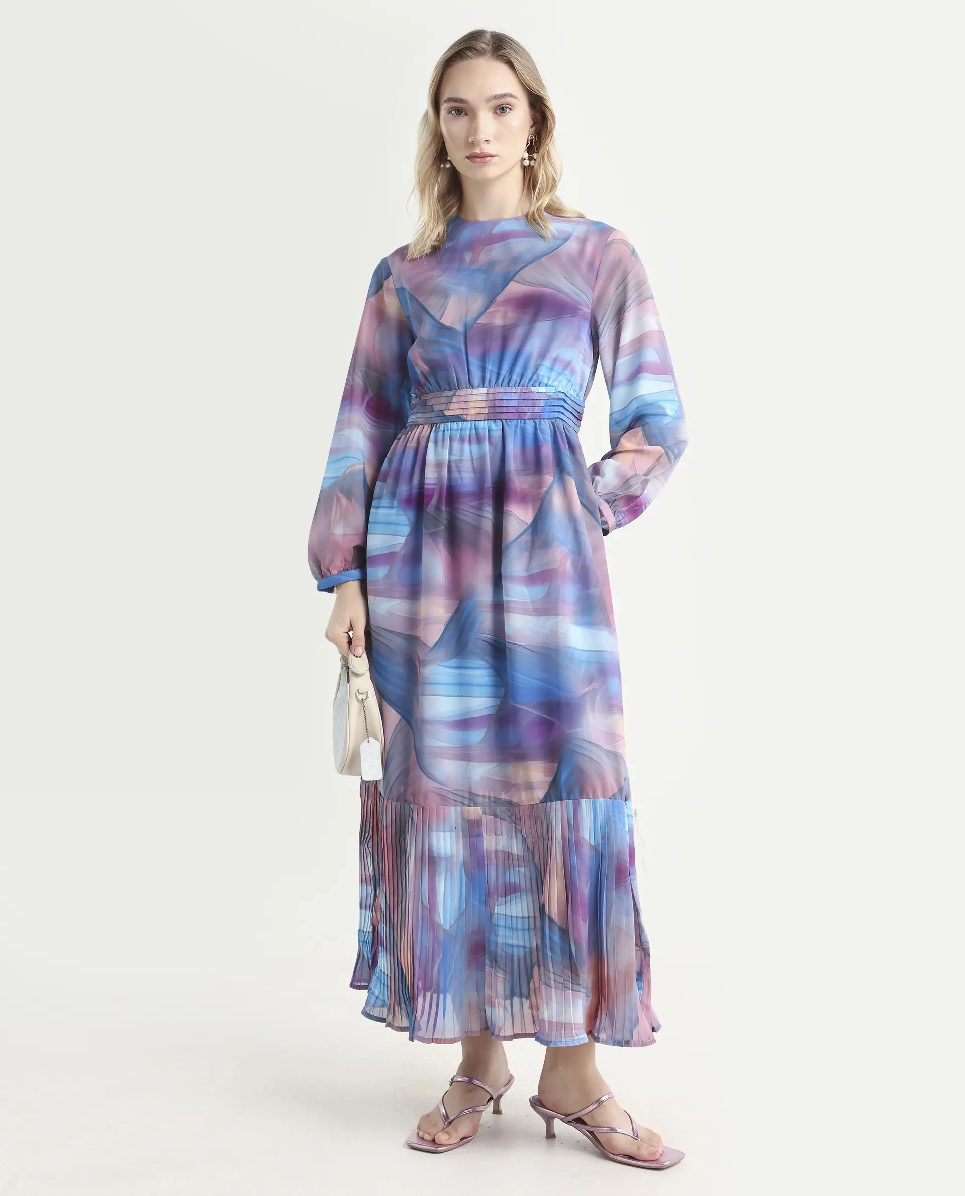 Rareism Women's Yason Multi Polyester Crew Neck Abstract Print Bishop Sleeve Maxi Fit And Flare Dress - Image 2