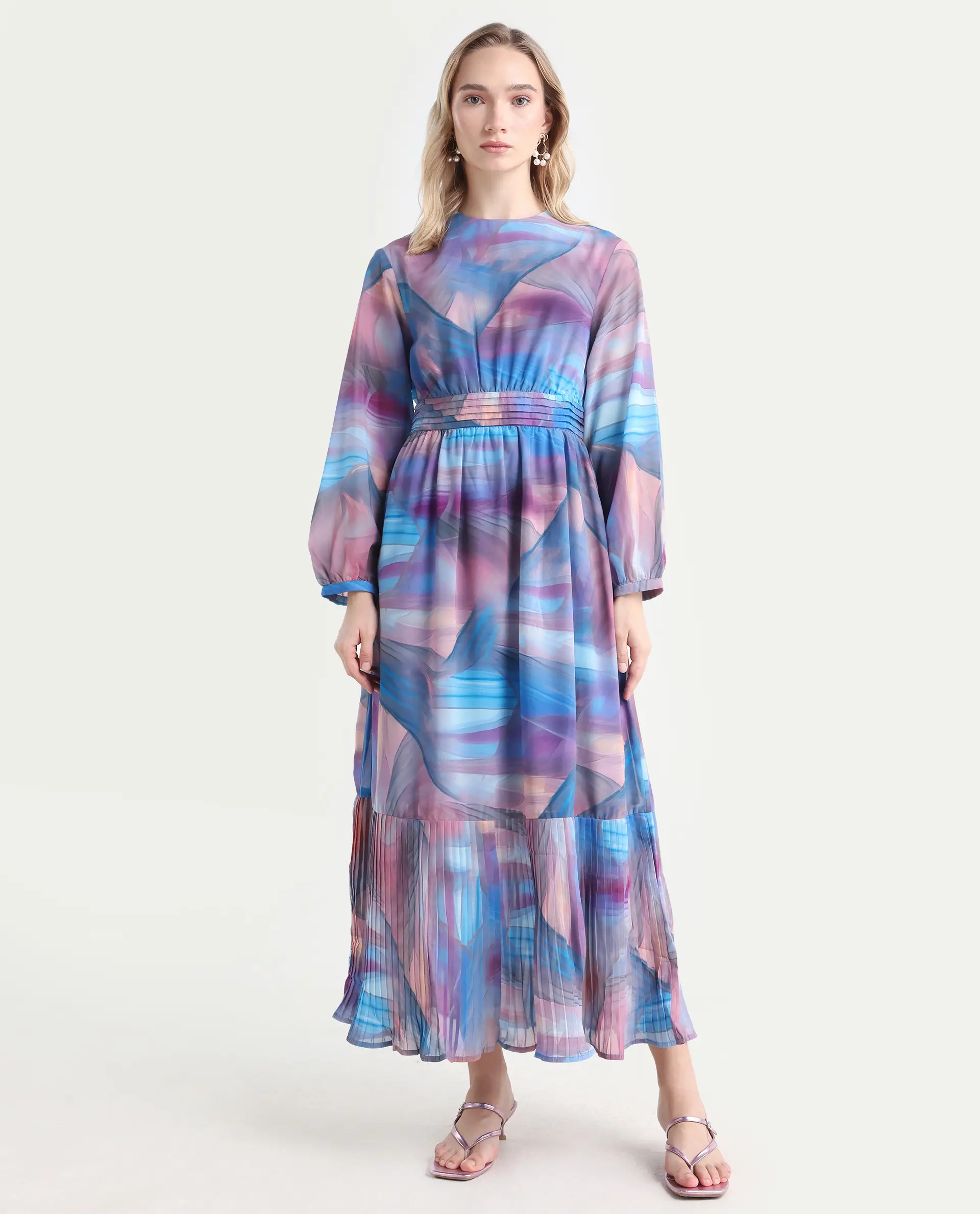 Rareism Women's Yason Multi Polyester Crew Neck Abstract Print Bishop Sleeve Maxi Fit And Flare Dress - Image 3