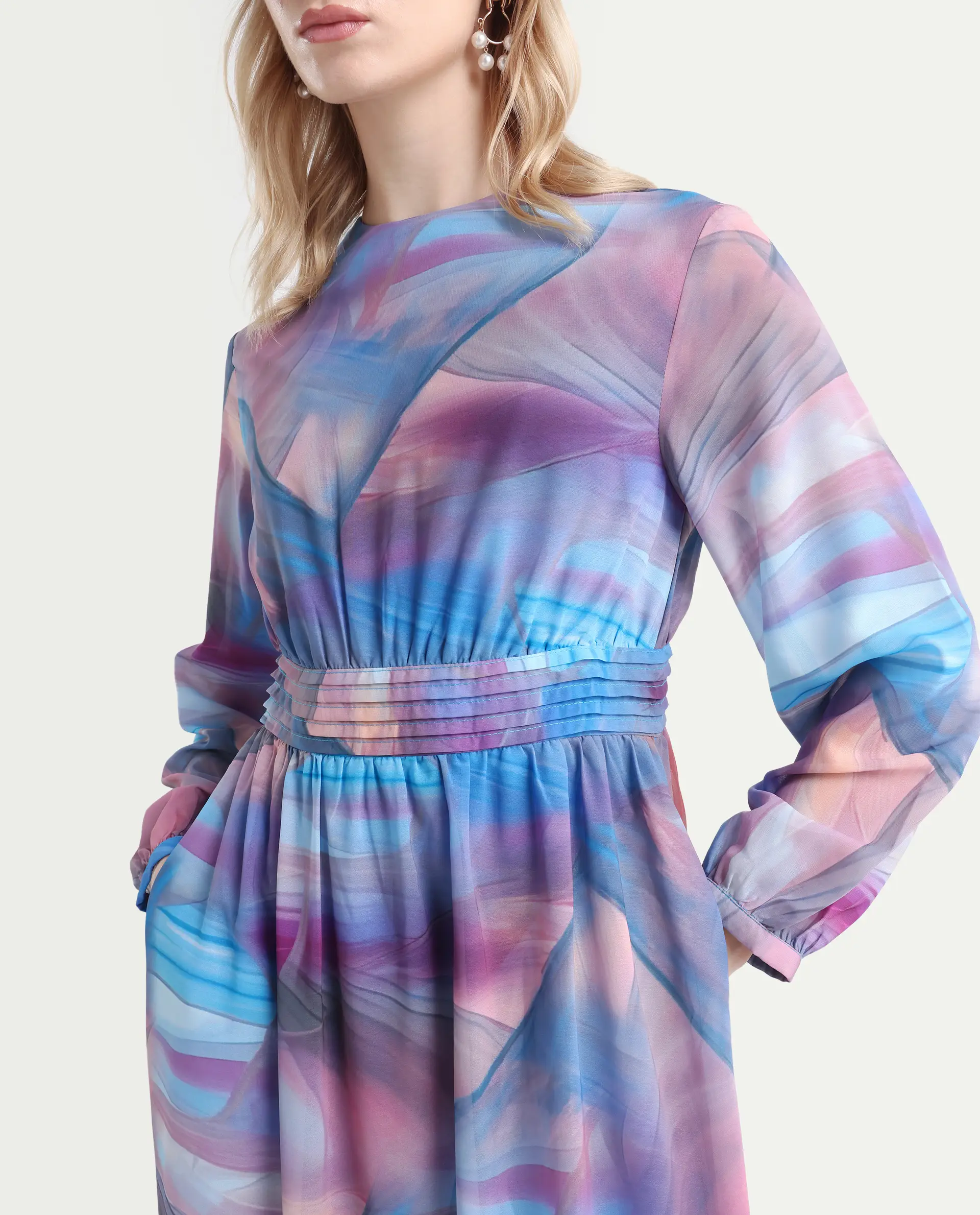 Rareism Women's Yason Multi Polyester Crew Neck Abstract Print Bishop Sleeve Maxi Fit And Flare Dress - Image 4
