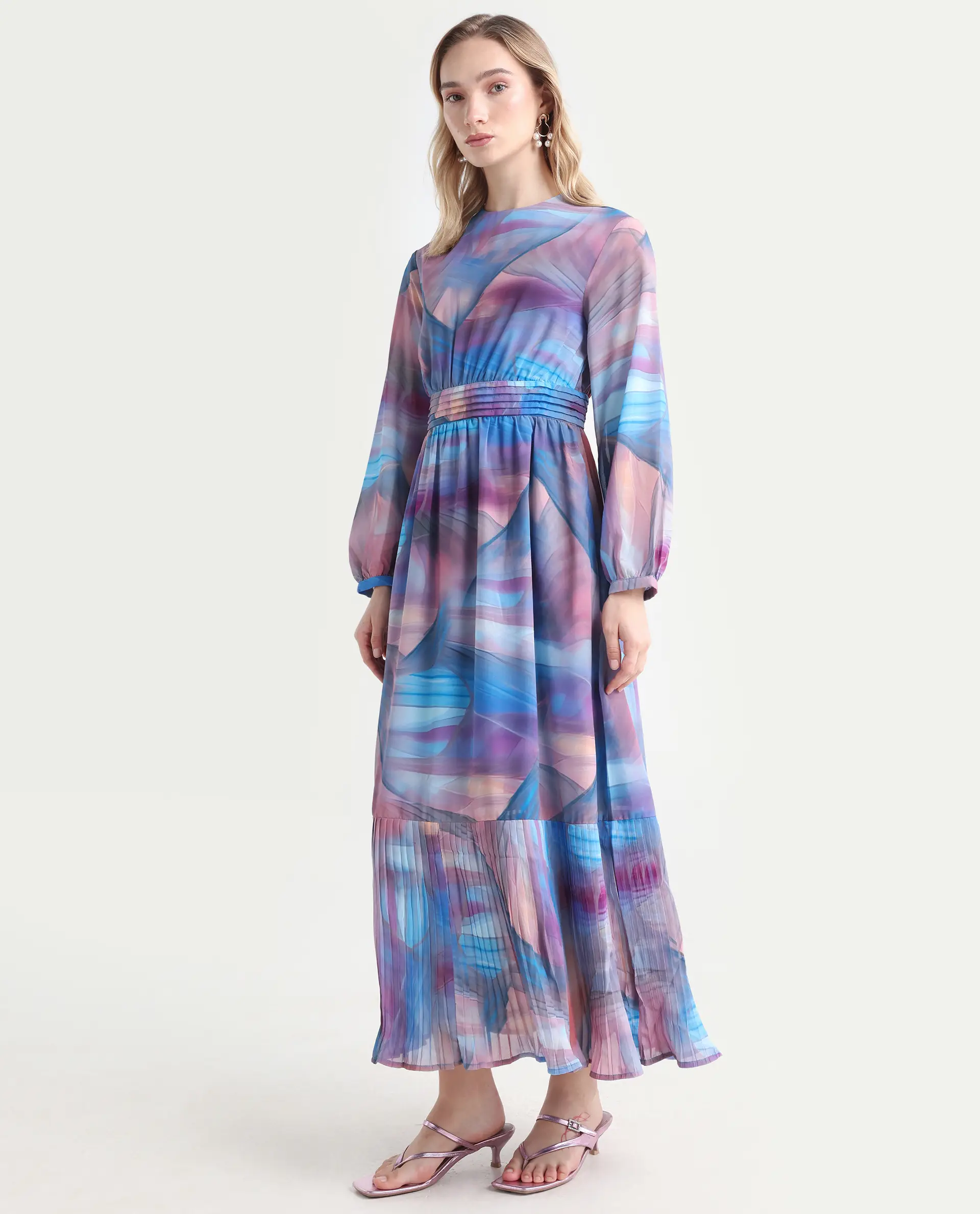 Rareism Women's Yason Multi Polyester Crew Neck Abstract Print Bishop Sleeve Maxi Fit And Flare Dress - Image 5