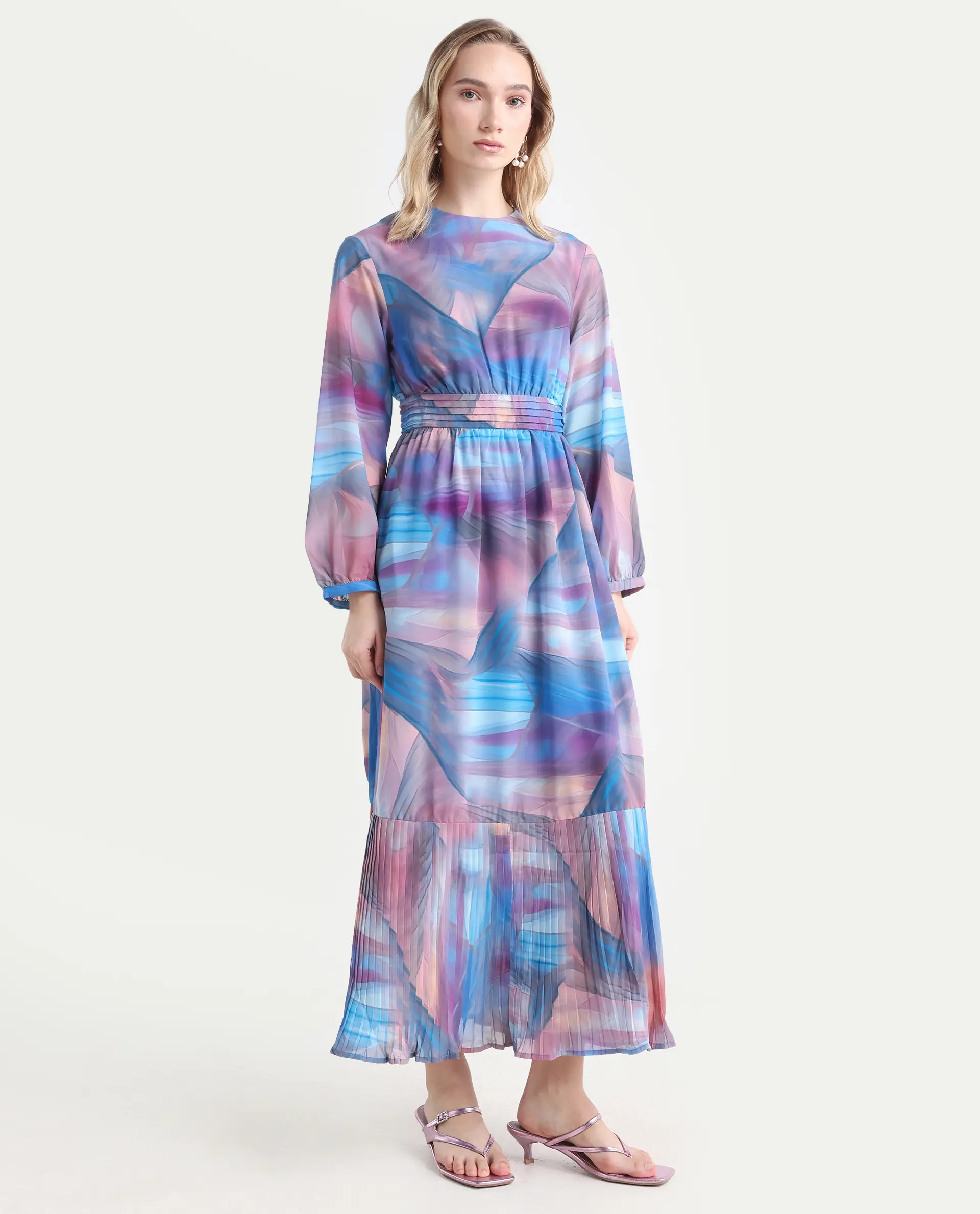 Rareism Women's Yason Multi Polyester Crew Neck Abstract Print Bishop Sleeve Maxi Fit And Flare Dress - Image 6