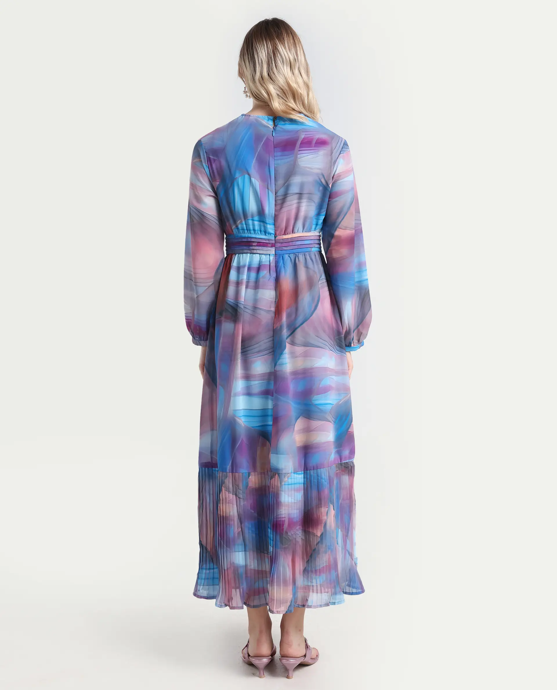 Rareism Women's Yason Multi Polyester Crew Neck Abstract Print Bishop Sleeve Maxi Fit And Flare Dress - Image 7