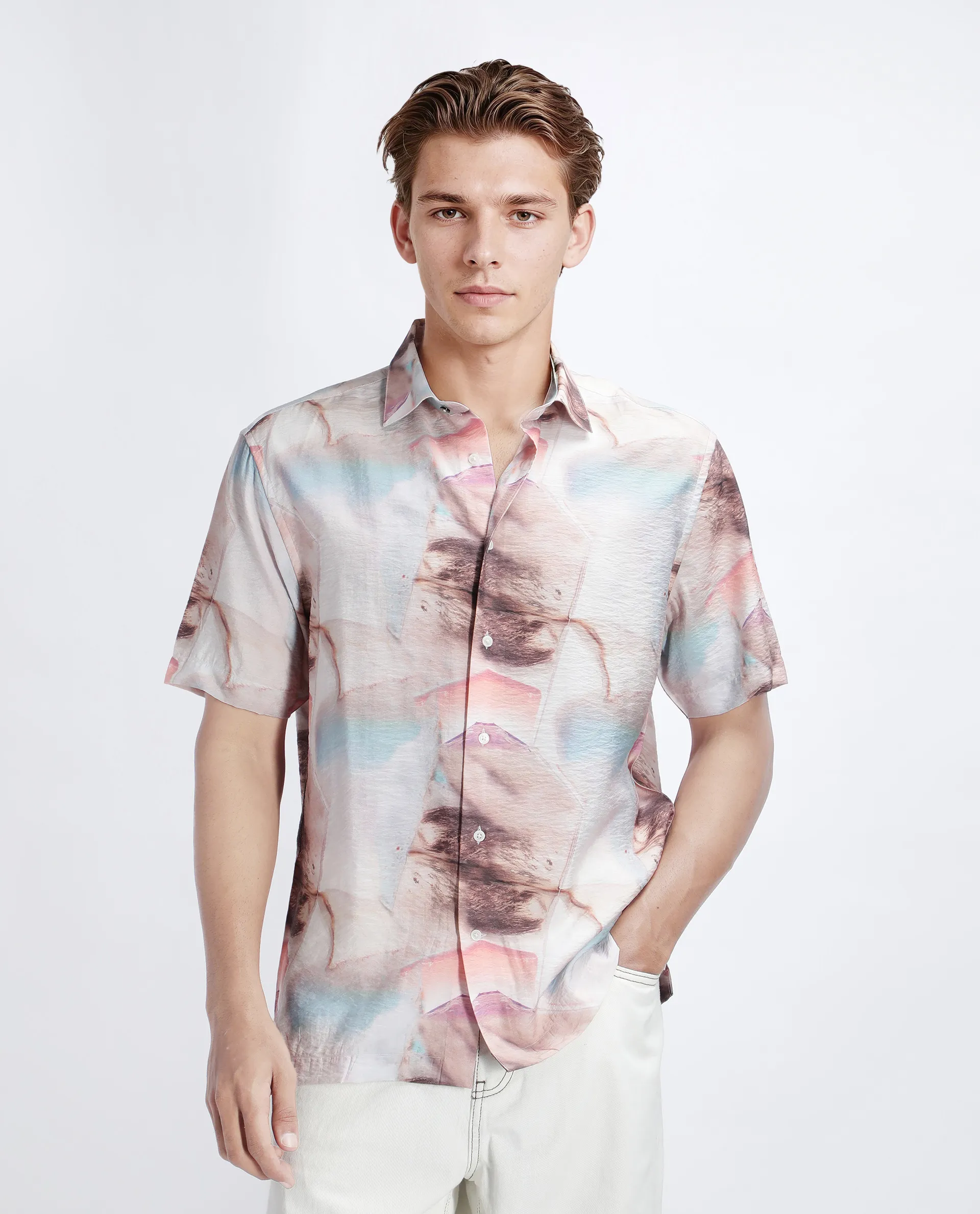 Rare Rabbit Men's Yat Beige Cotton Abstract Print Relaxed Fit Half Sleeve Collared Shirt