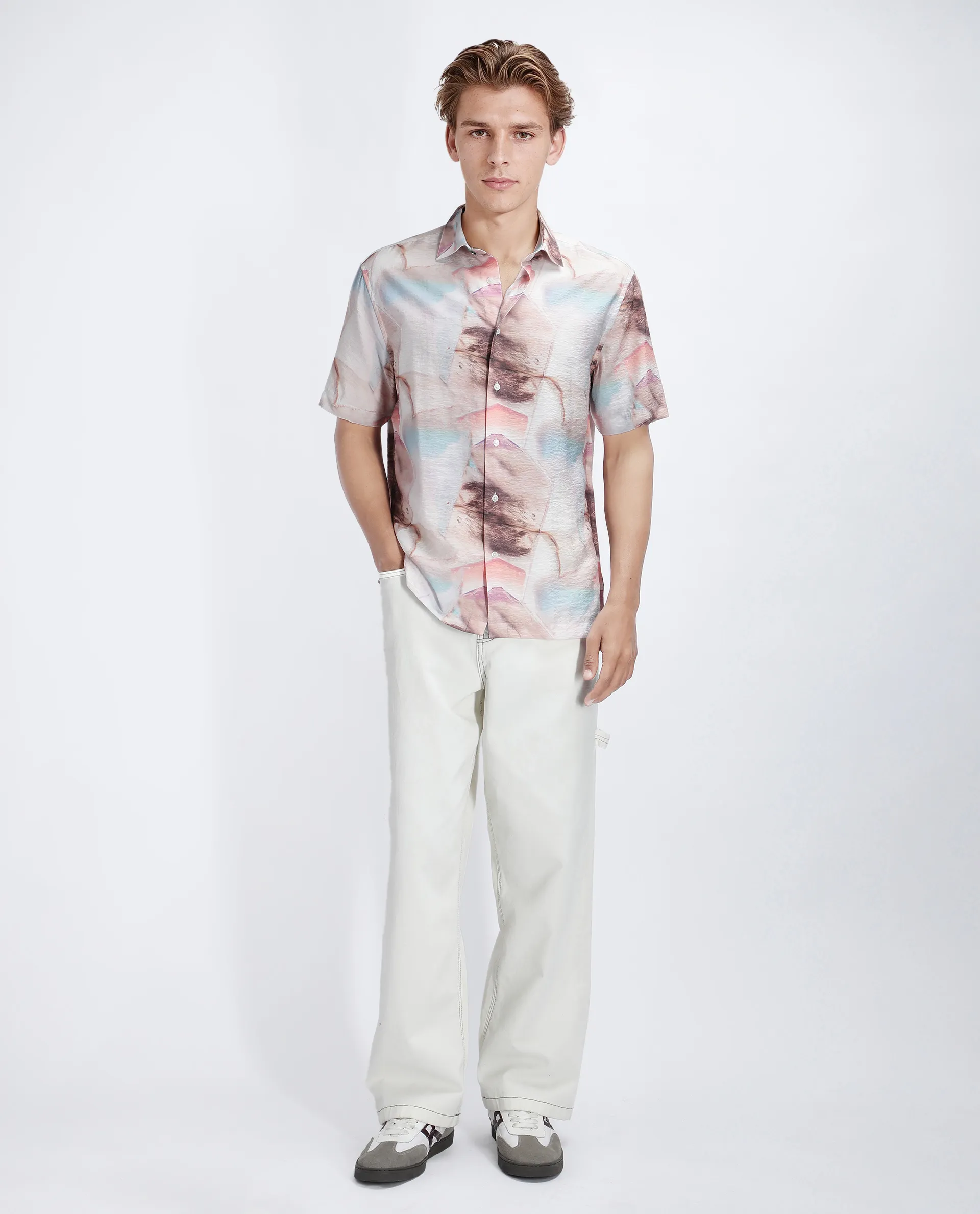 Rare Rabbit Men's Yat Beige Cotton Abstract Print Relaxed Fit Half Sleeve Collared Shirt - Image 2