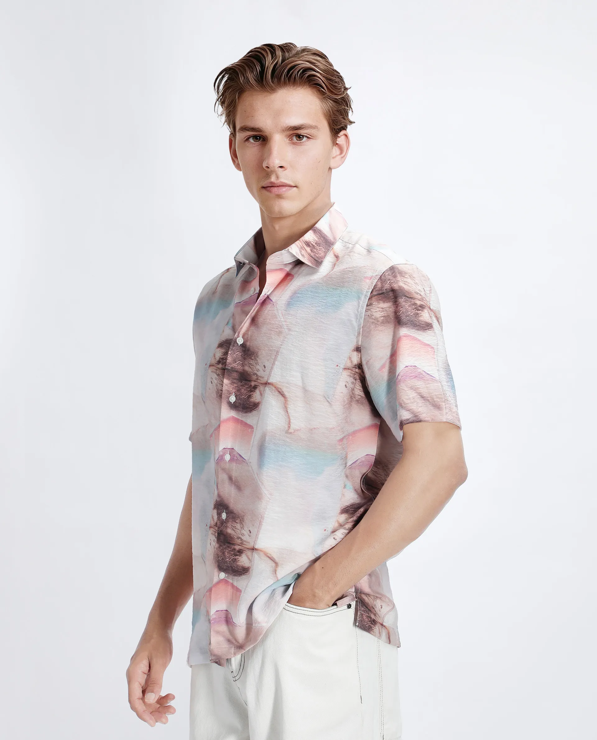 Rare Rabbit Men's Yat Beige Cotton Abstract Print Relaxed Fit Half Sleeve Collared Shirt - Image 5
