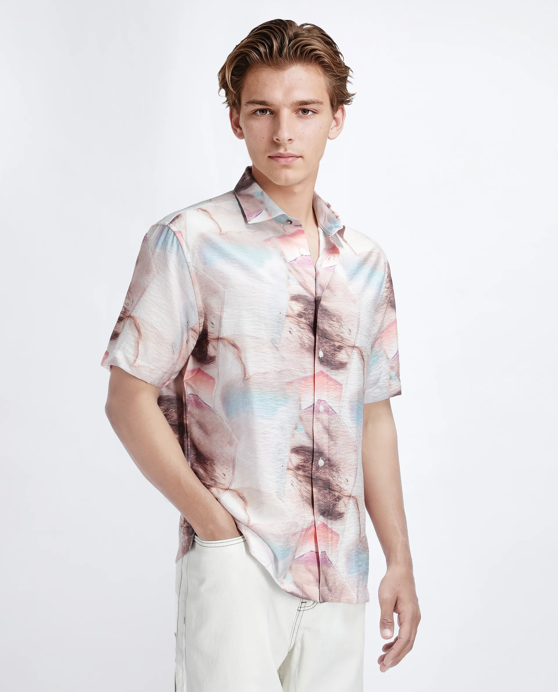Rare Rabbit Men's Yat Beige Cotton Abstract Print Relaxed Fit Half Sleeve Collared Shirt - Image 6